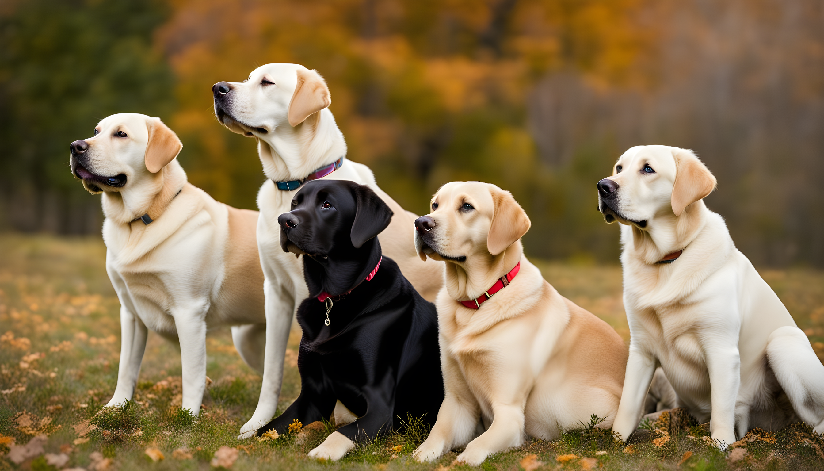 A bunch of Labrador Retrievers sporting different coat colors.