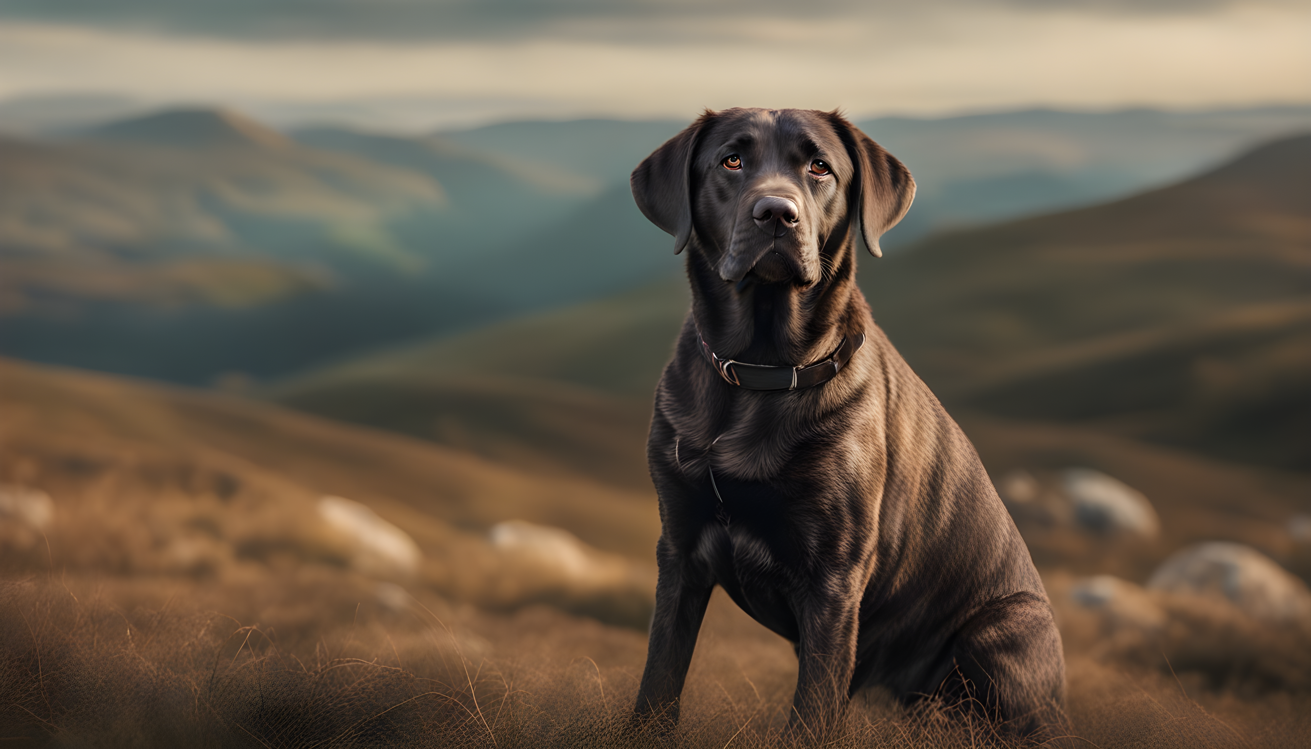 A captivating Brindle Labrador, looking like it's posing for a magazine cover, set against a scenic backdrop.