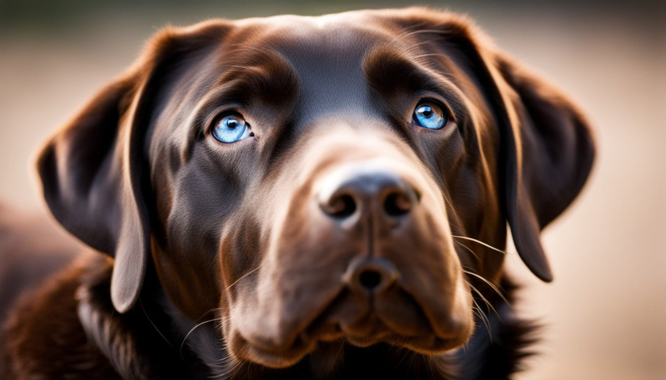 A captivating close-up of a Chocolate Lab with stunning blue eyes.