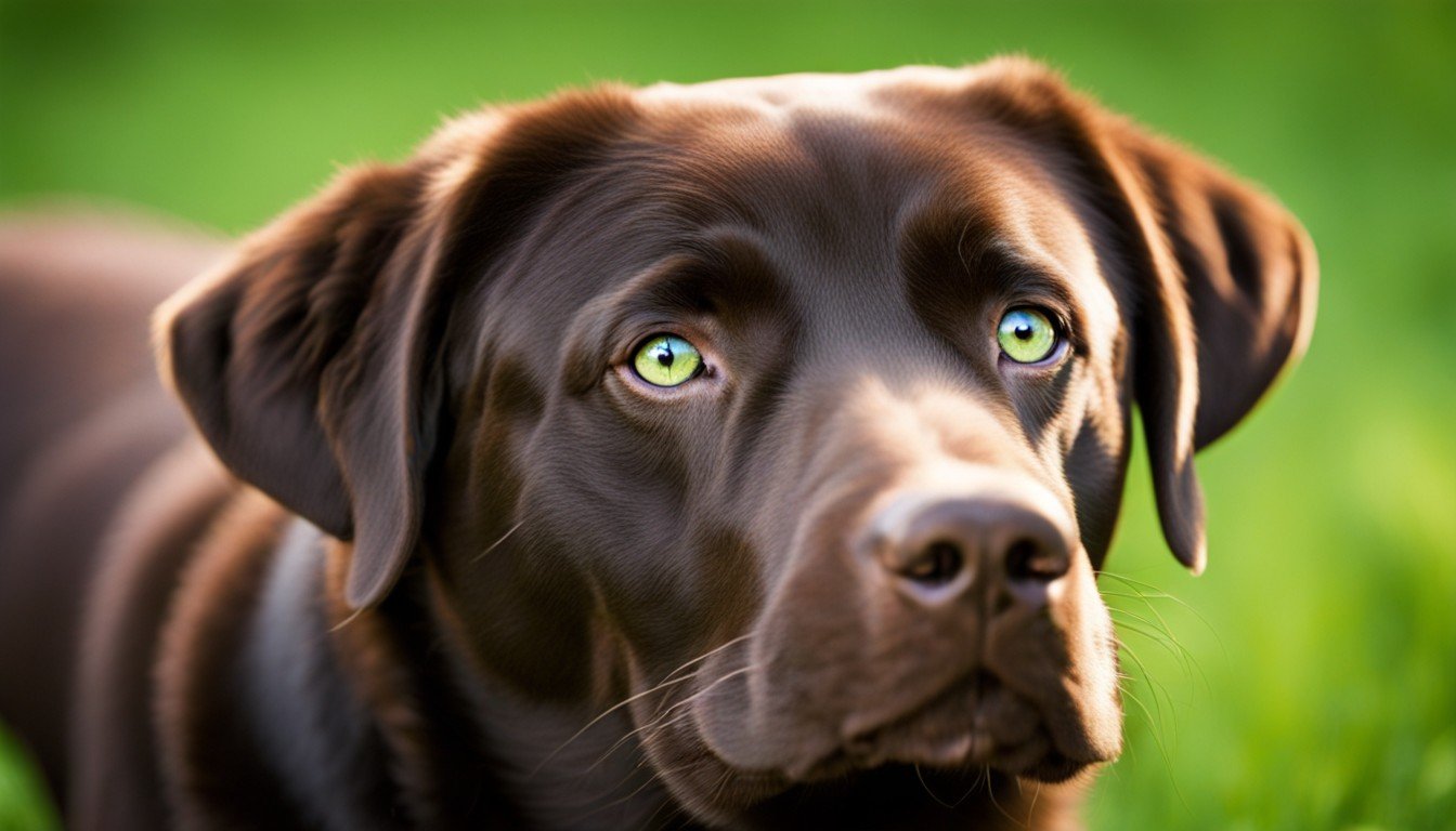A captivating close-up of a Chocolate Lab with unique green eyes that make you think you've found a gem.