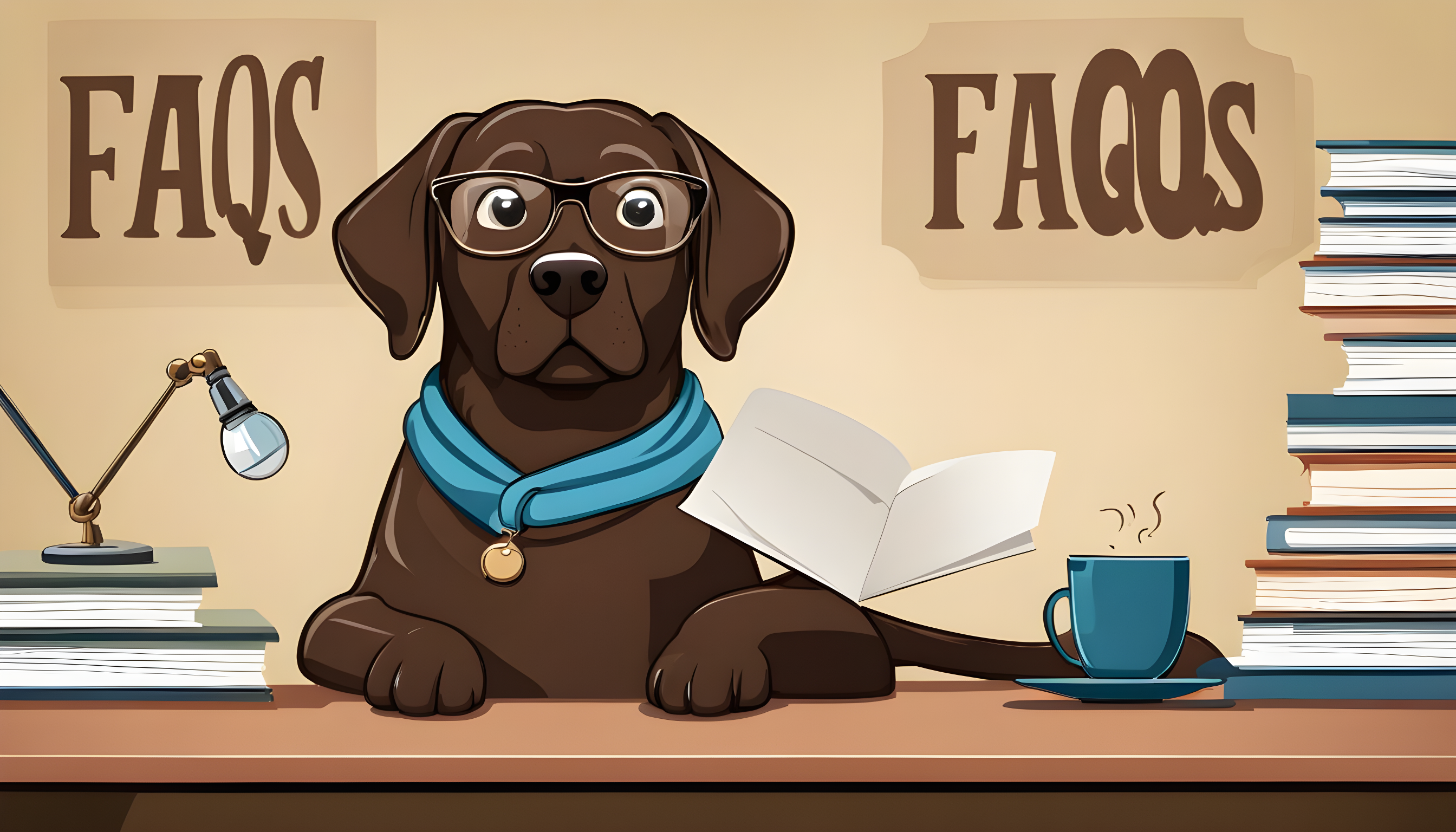 A cartoon depiction of an English Chocolate Lab wearing reading glasses