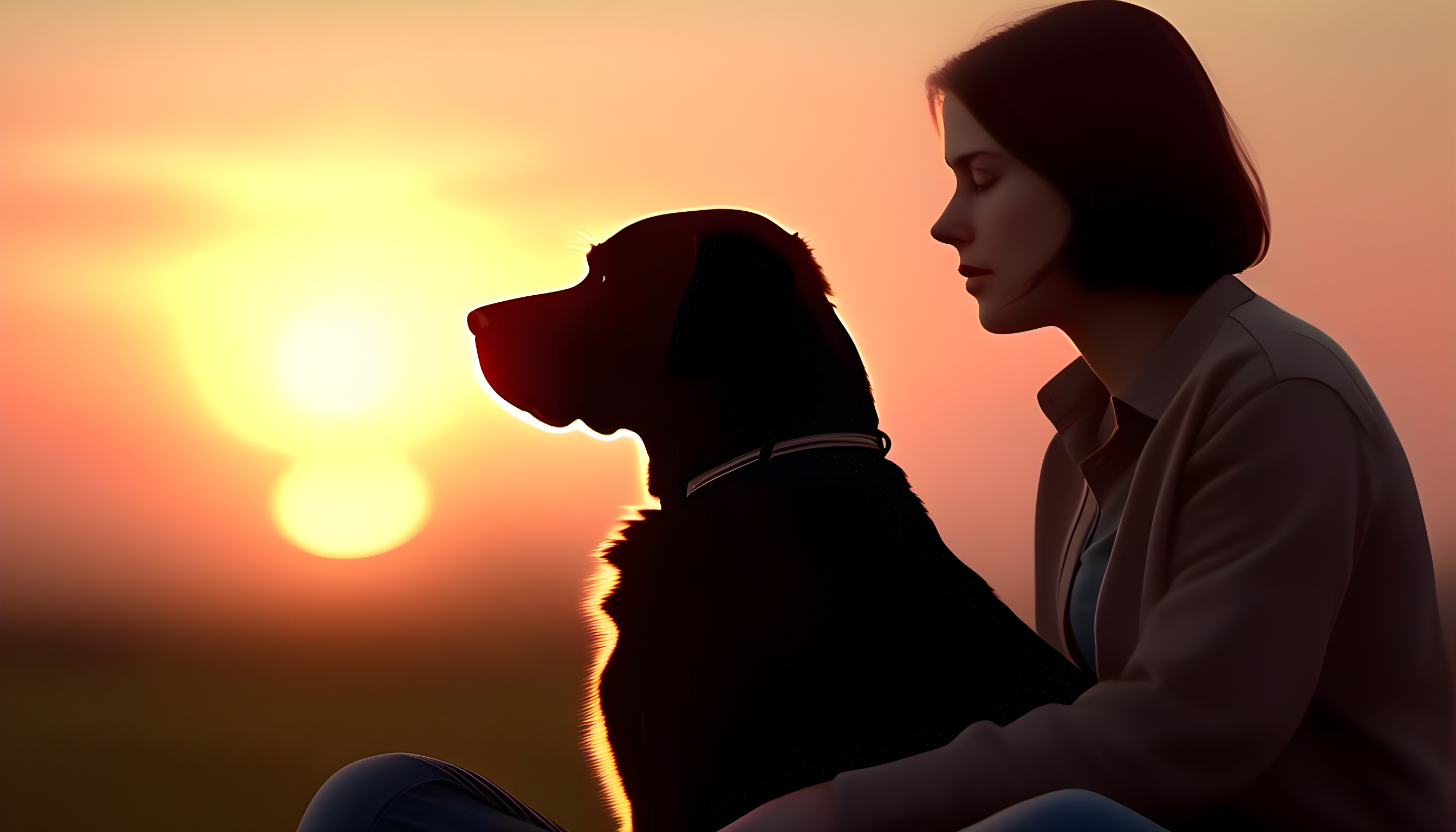 A chocolate lab and its human, sharing a serene moment while watching the sunset, capturing the essence of a deep, emotional bond