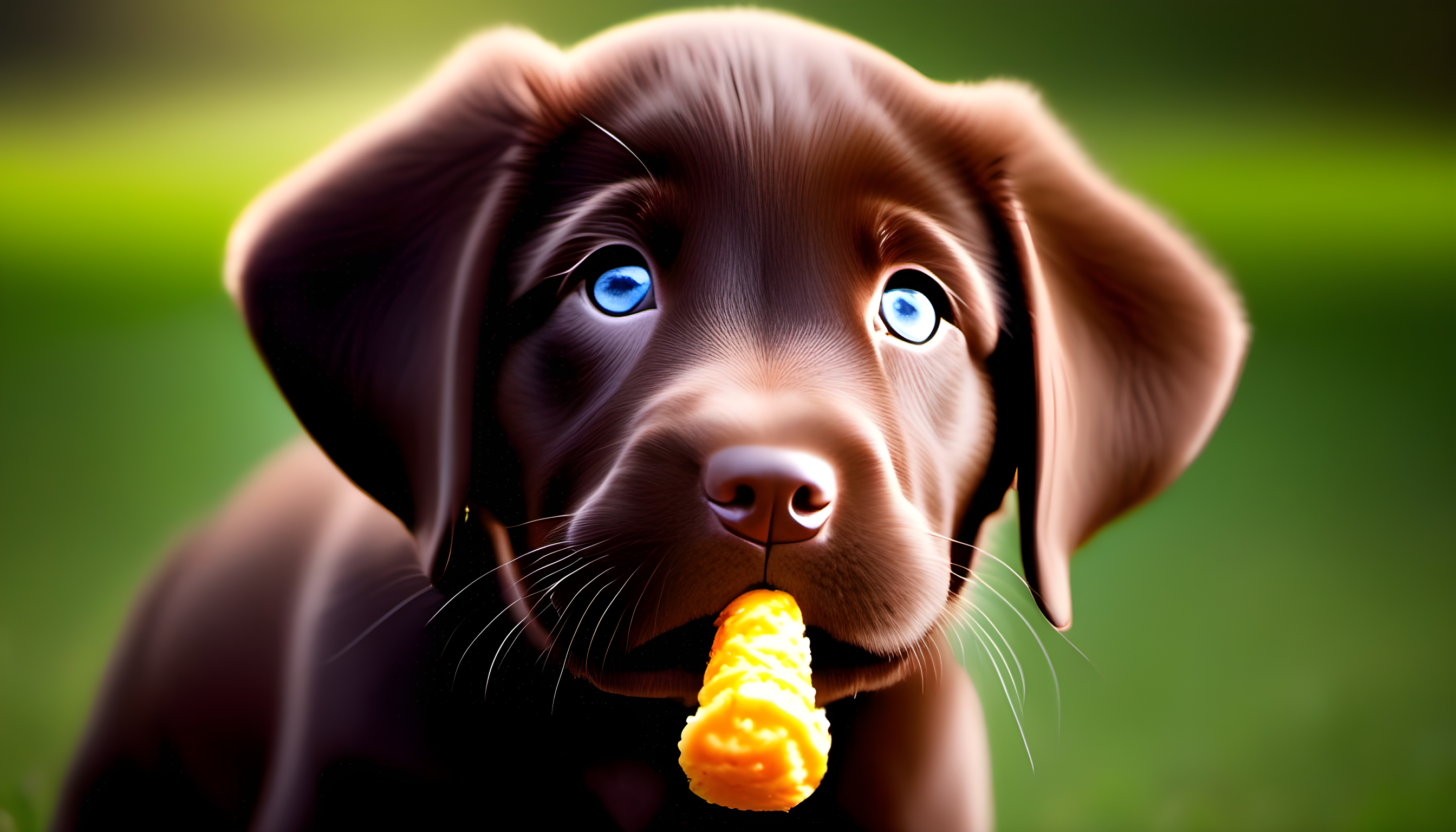 A Chocolate Lab puppy balancing a treat on its nose, exemplifying advanced training techniques.