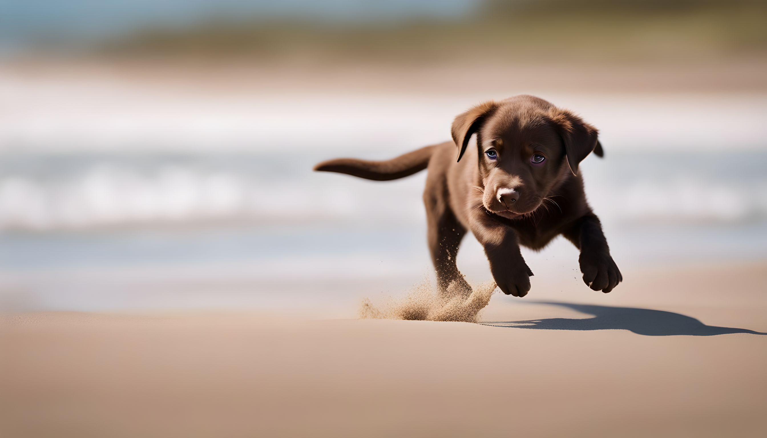 A Chocolate Lab puppy frolicking on the beach, its little paws sinking into the sand, an example of diverse socialization settings.