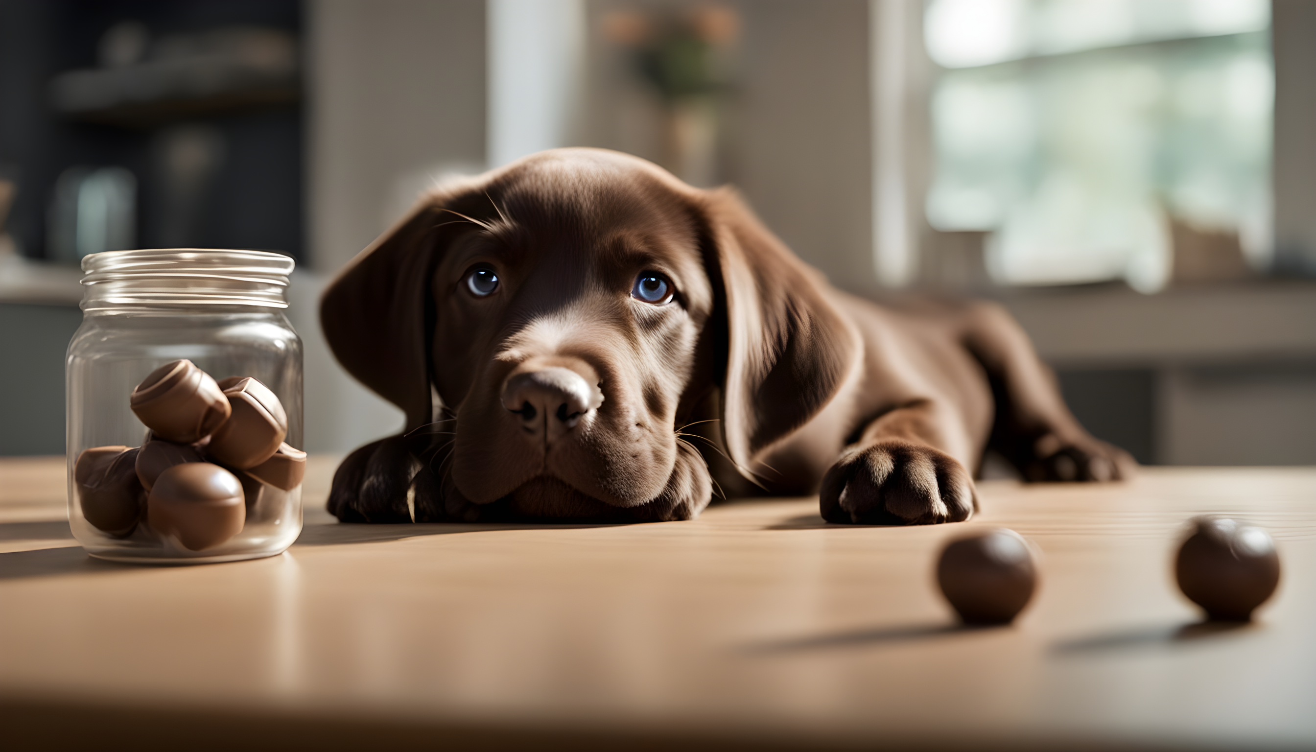 A Chocolate Lab puppy nailing the 'Sit' command like a champ, with a treat jar and clicker in the background for good measure.