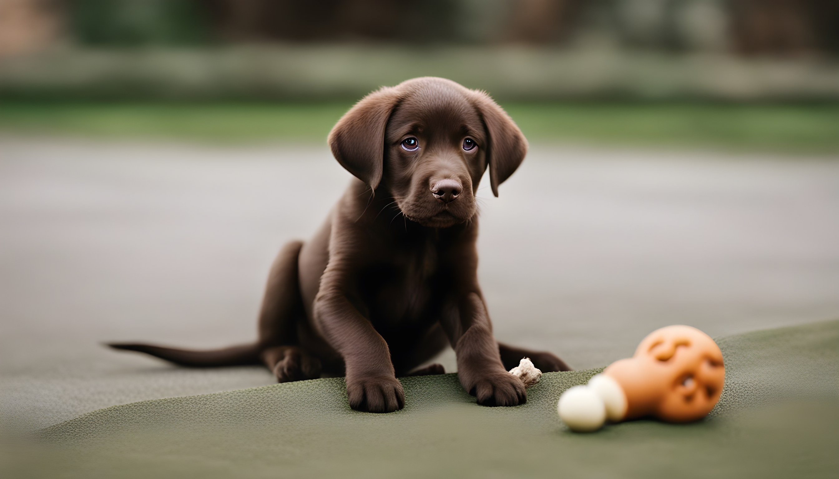 A chocolate lab puppy transitioning into adolescence, looking a bit rebellious while ignoring a chew toy, encapsulating the unpredictable teen phase