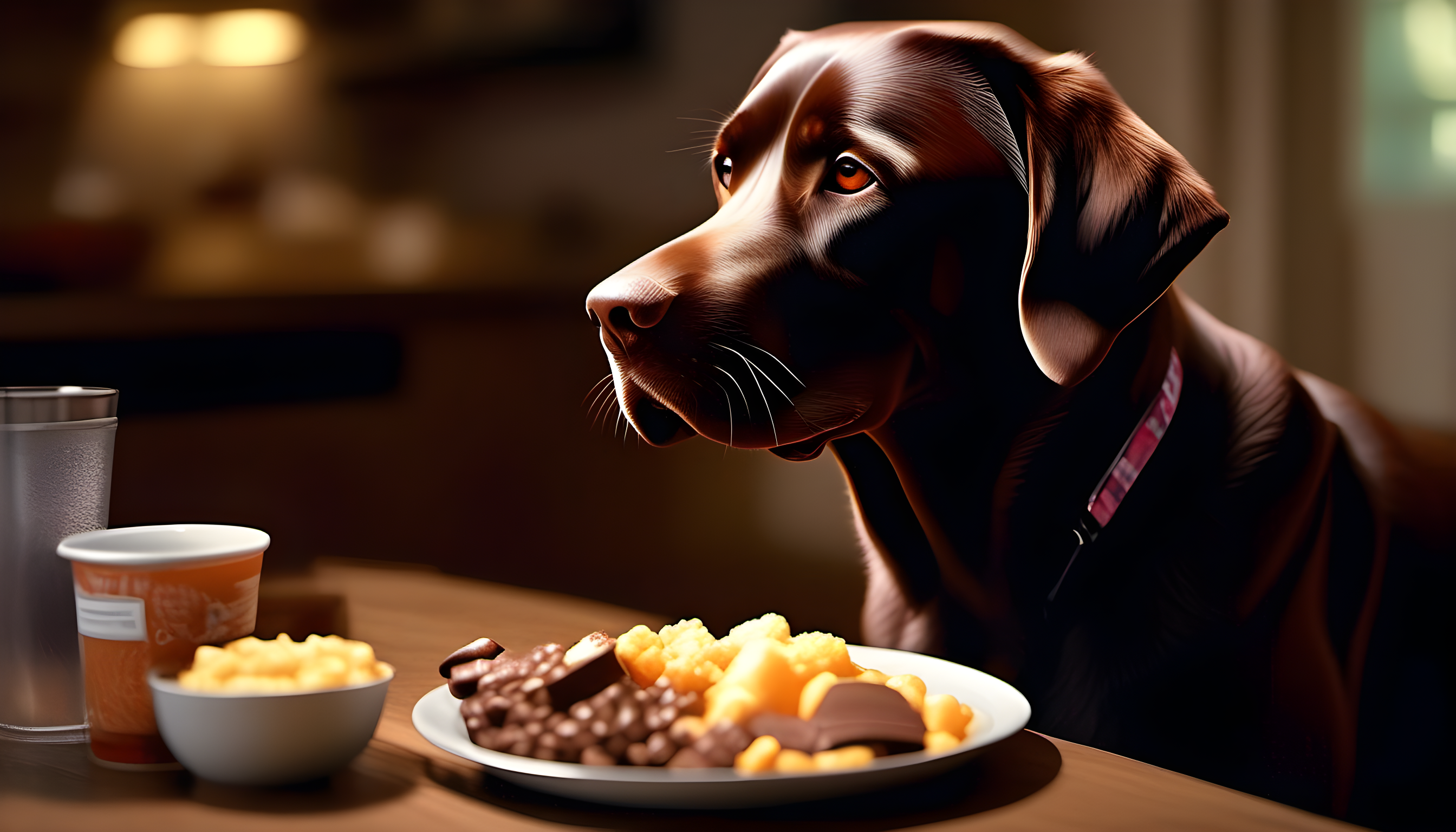 A Chocolate Lab savoring a well-balanced meal, filled with all the nutrients a doggo needs to thrive.