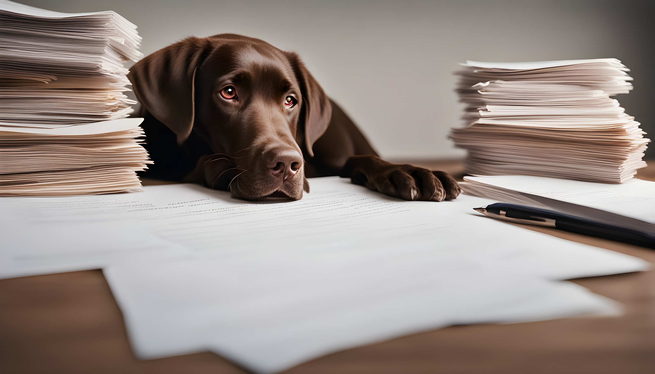 A chocolate lab sitting next to a pile of adoption paperwork, signifying the beginning of a new chapter filled with love and care