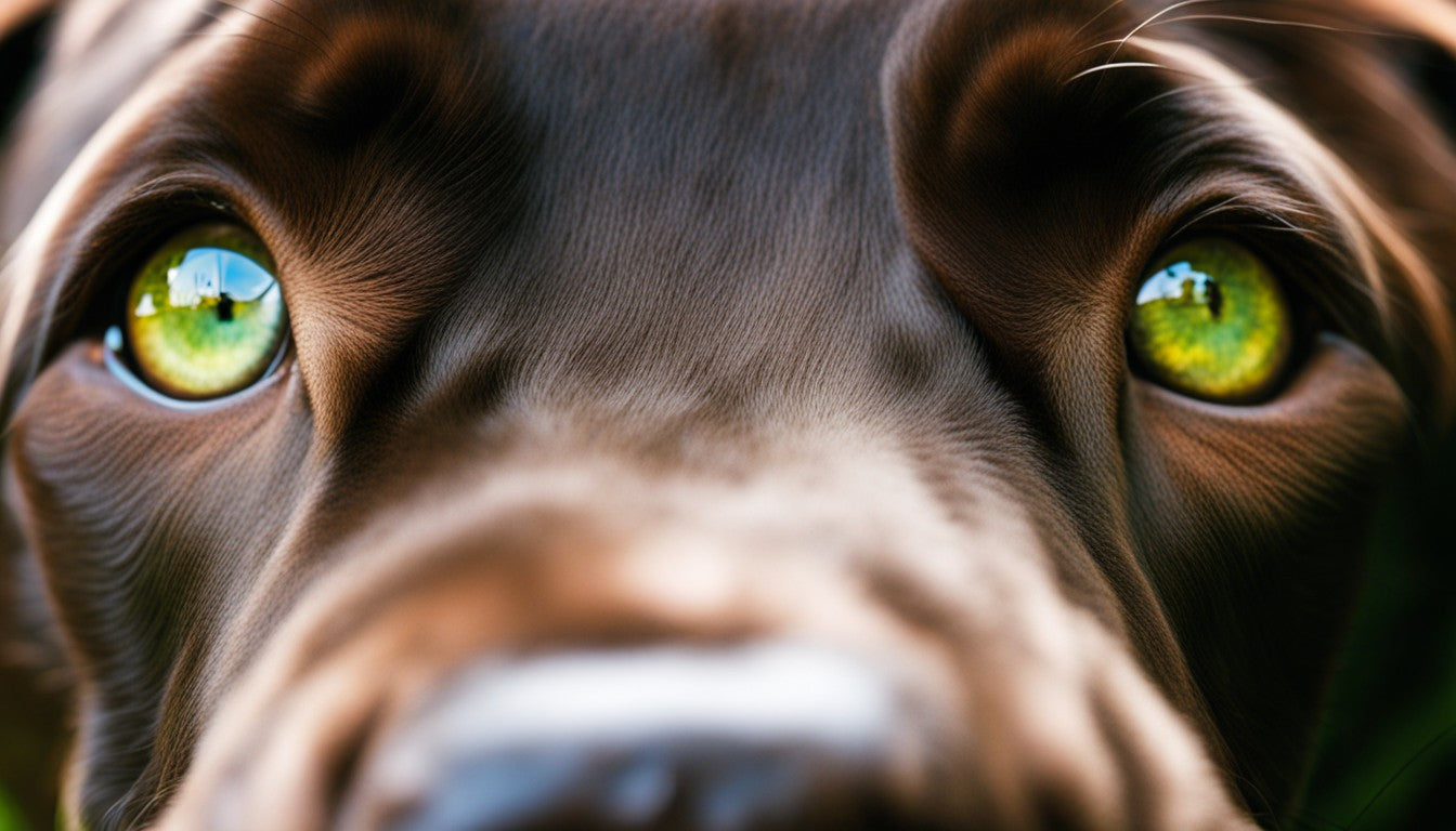 A close-up of a Chocolate Lab's face, capturing the exotic green eyes.