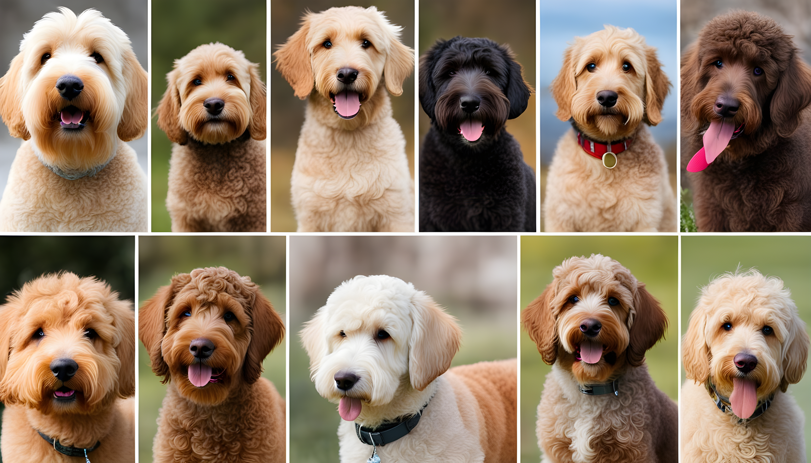 A collage of Labradoodles at various life stages.