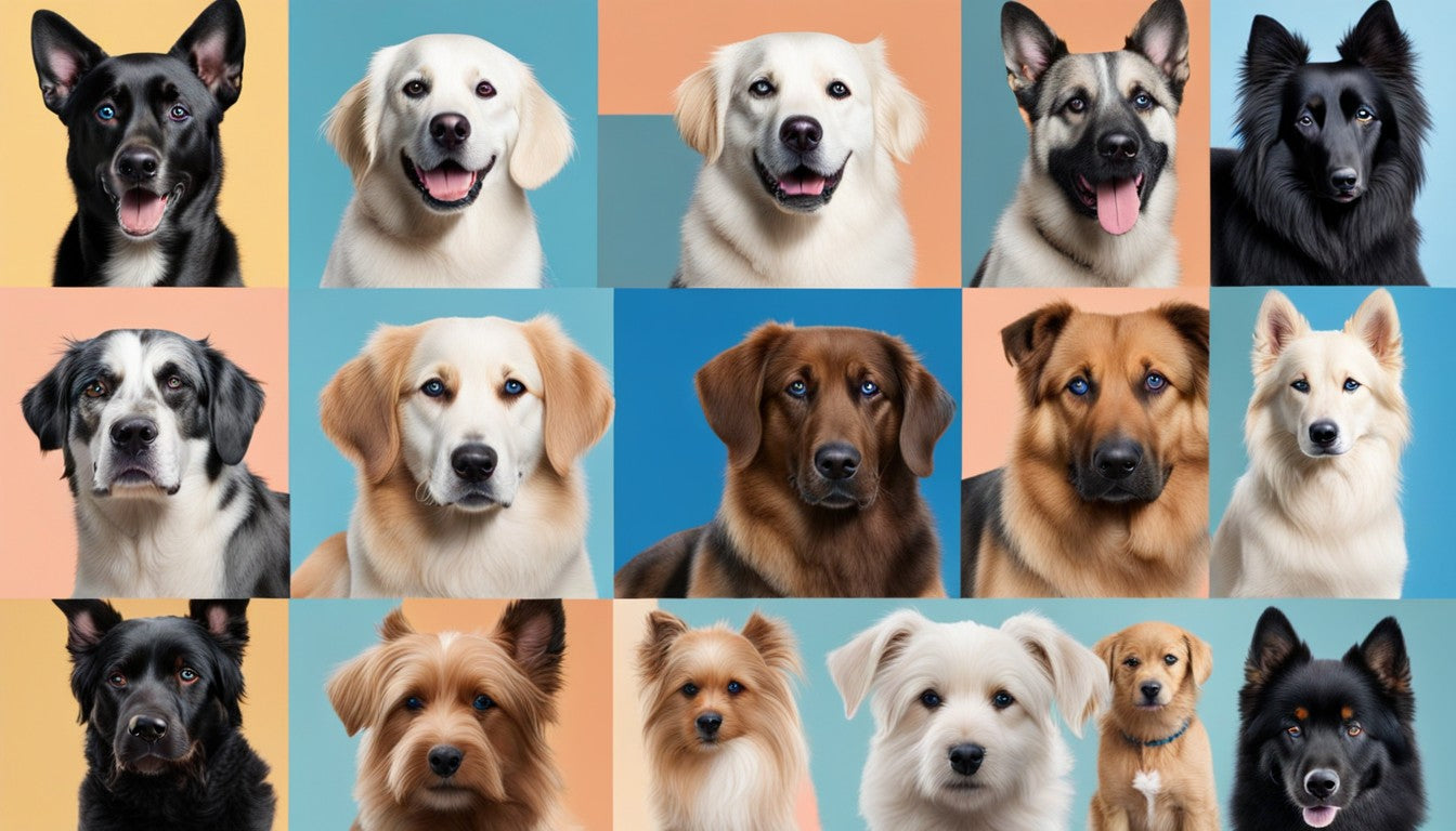 A collage of various dog breeds, all flaunting their rare blue eyes.