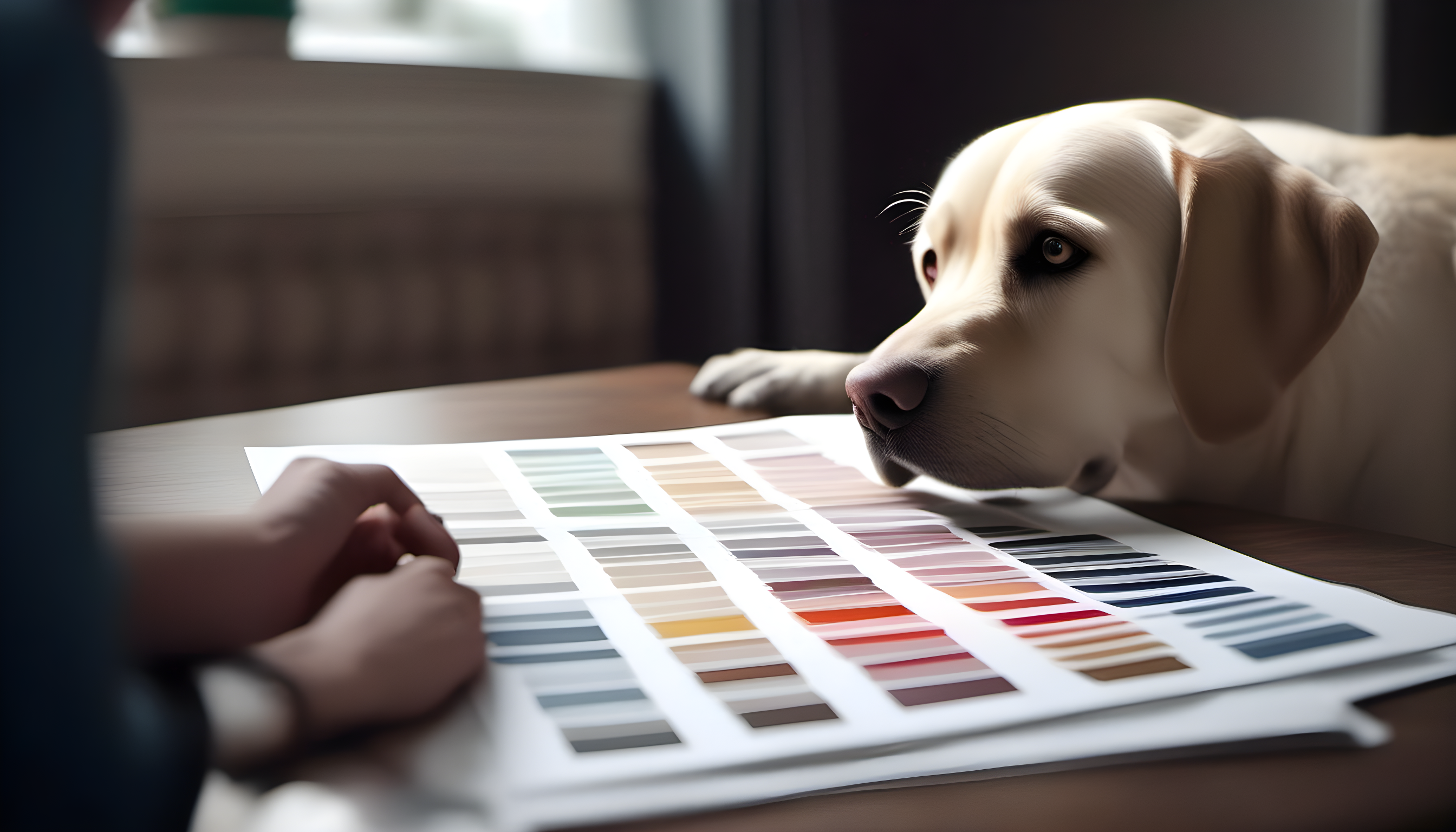 A confused owner looking at various Labrador color charts.