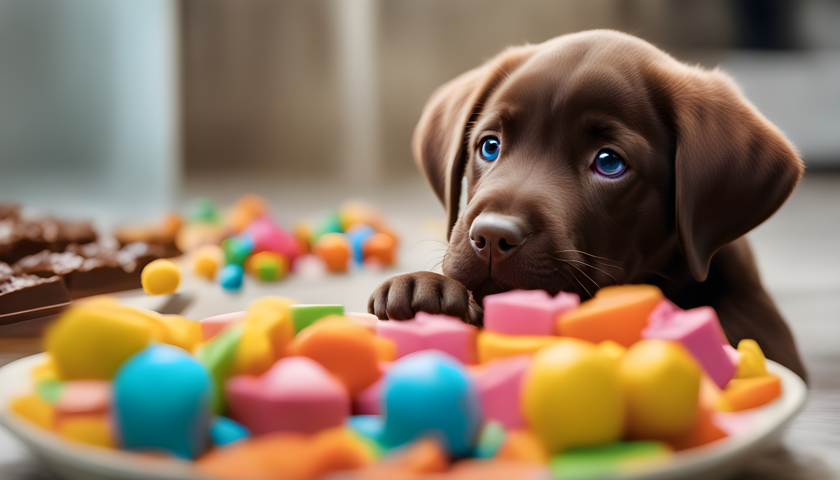 A curious Chocolate Lab puppy eyeing a colorful toy and a bowl of yummy treats, weighing its options in the reward system.