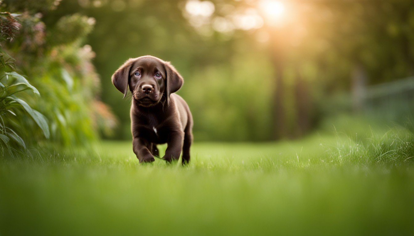 A curious Chocolate Lab puppy sniffing around the backyard, its tiny nose intrigued by every new scent.