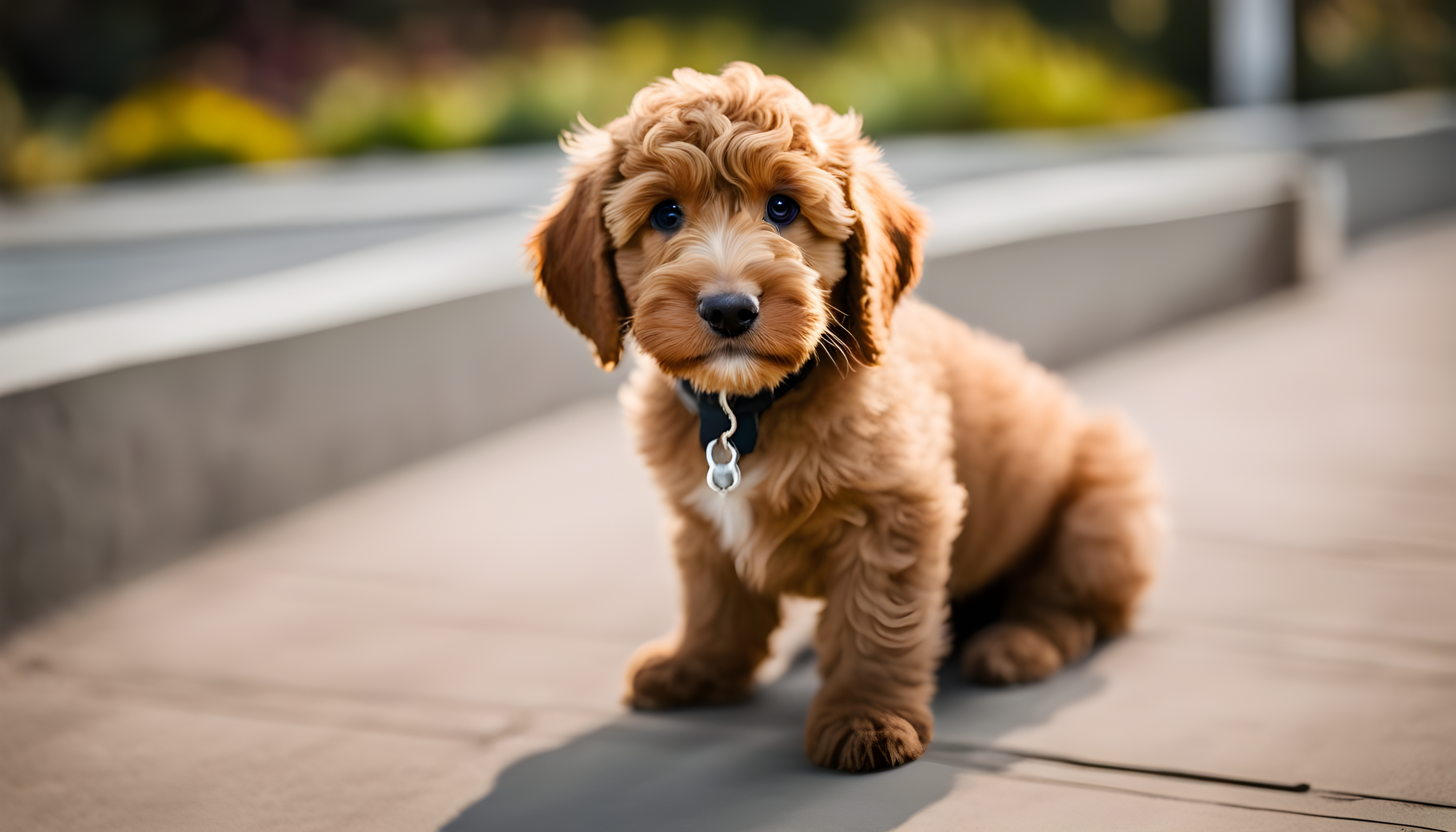 A cute Labradoodle puppy looking directly into the camera