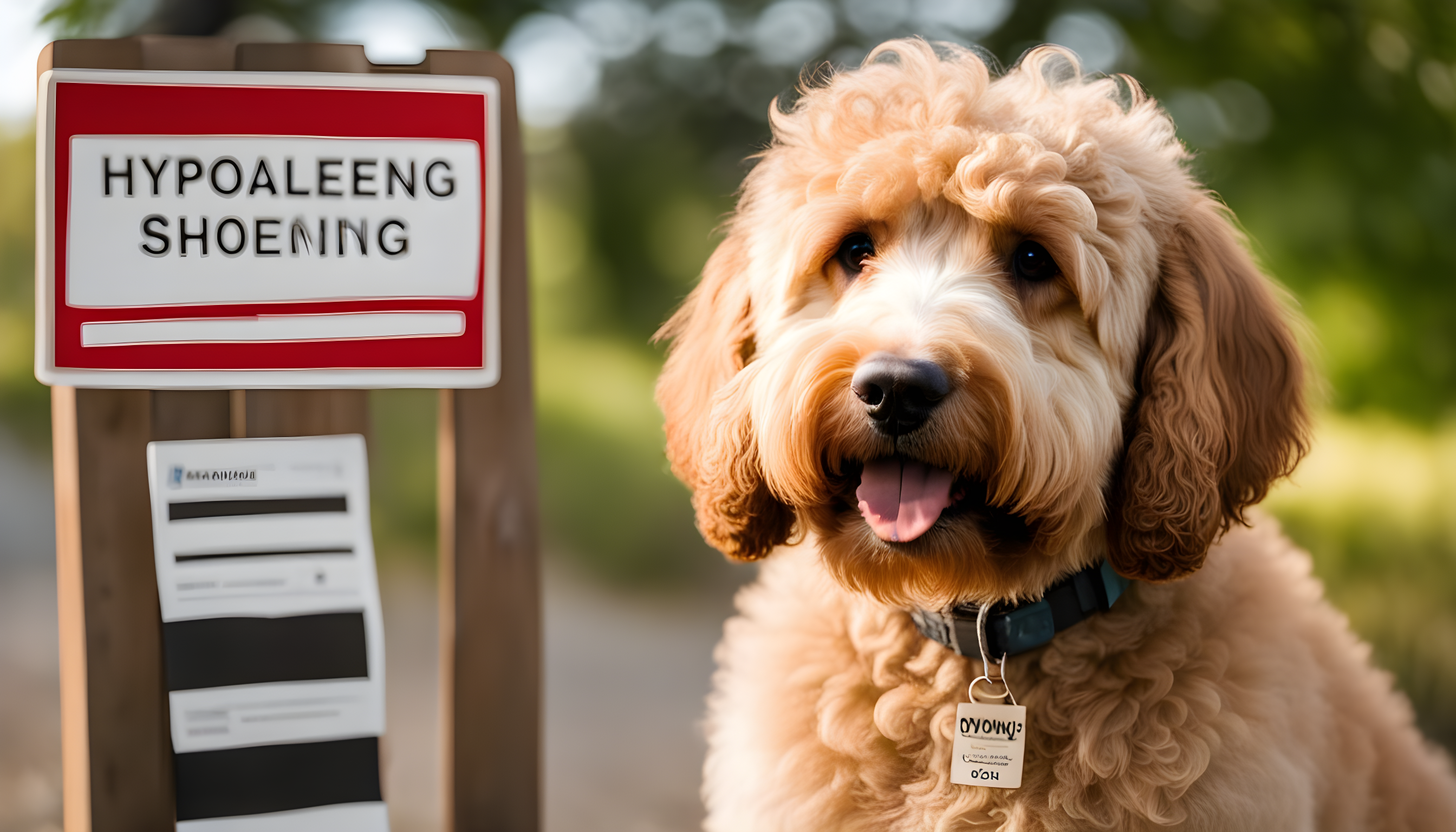 A cute but confused Labradoodle sitting next to a sign that says 'Hypoallergenic?'