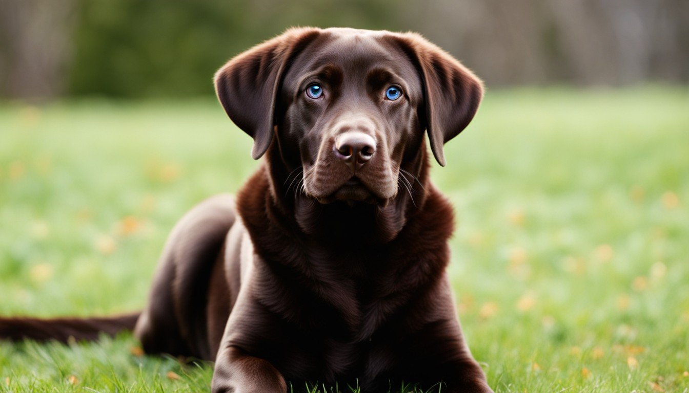 A drop-dead gorgeous Chocolate Lab with blue eyes, sitting like he knows he's a rare gem.
