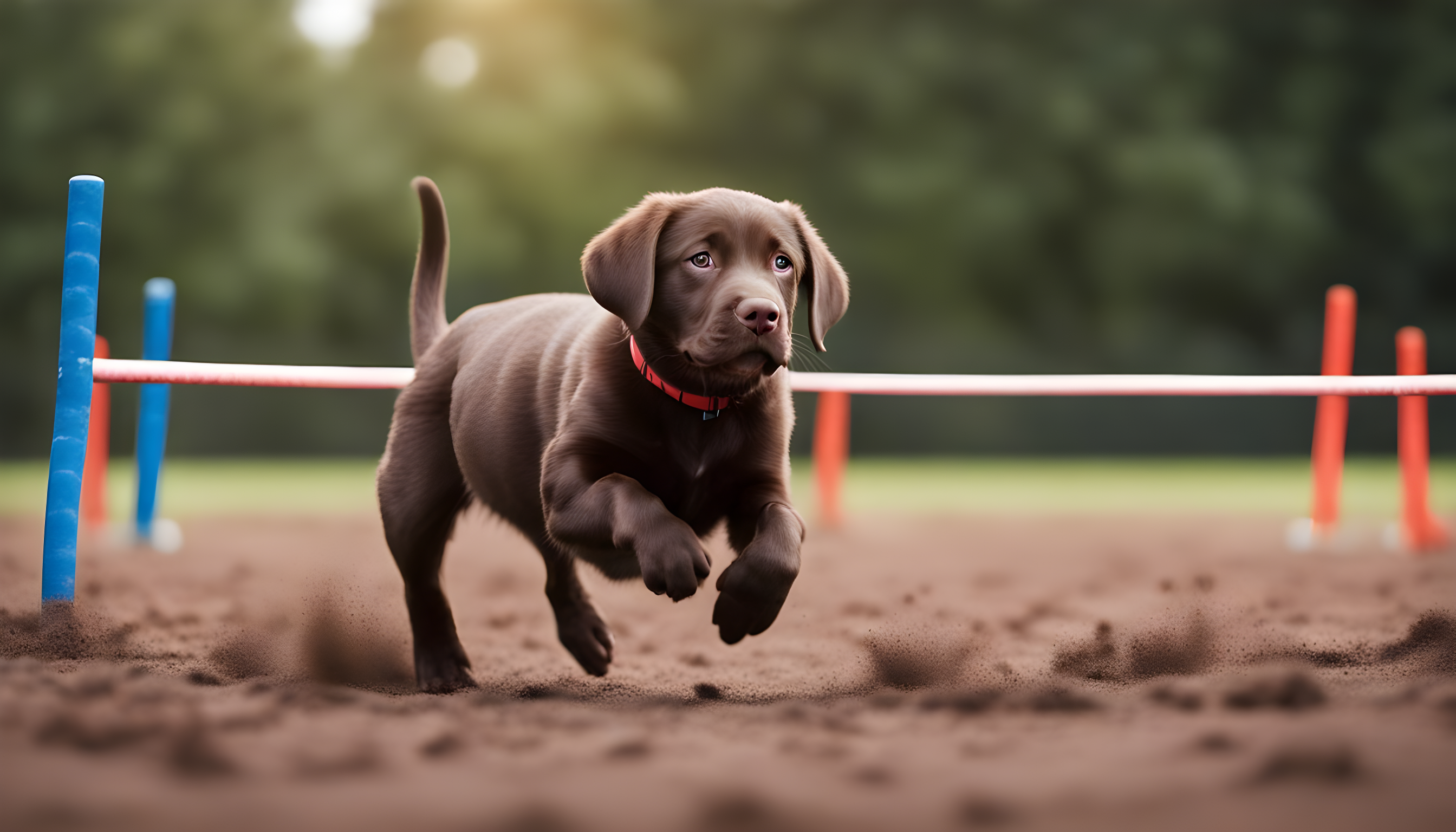 A focused Chocolate Lab puppy navigating through an agility course, highlighting the transition to advanced training.