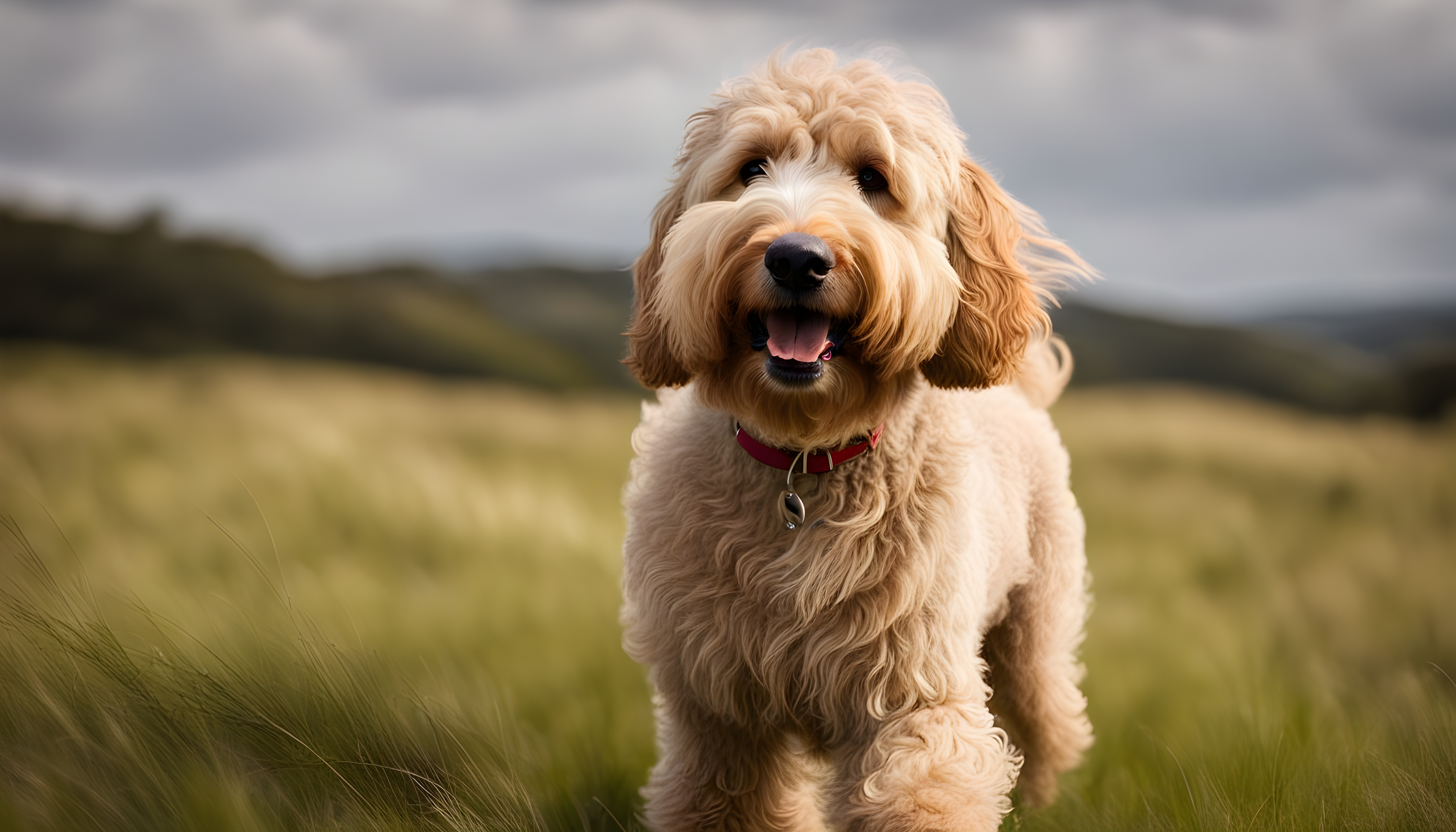 A full-grown Labradoodle looking fabulously windswept.