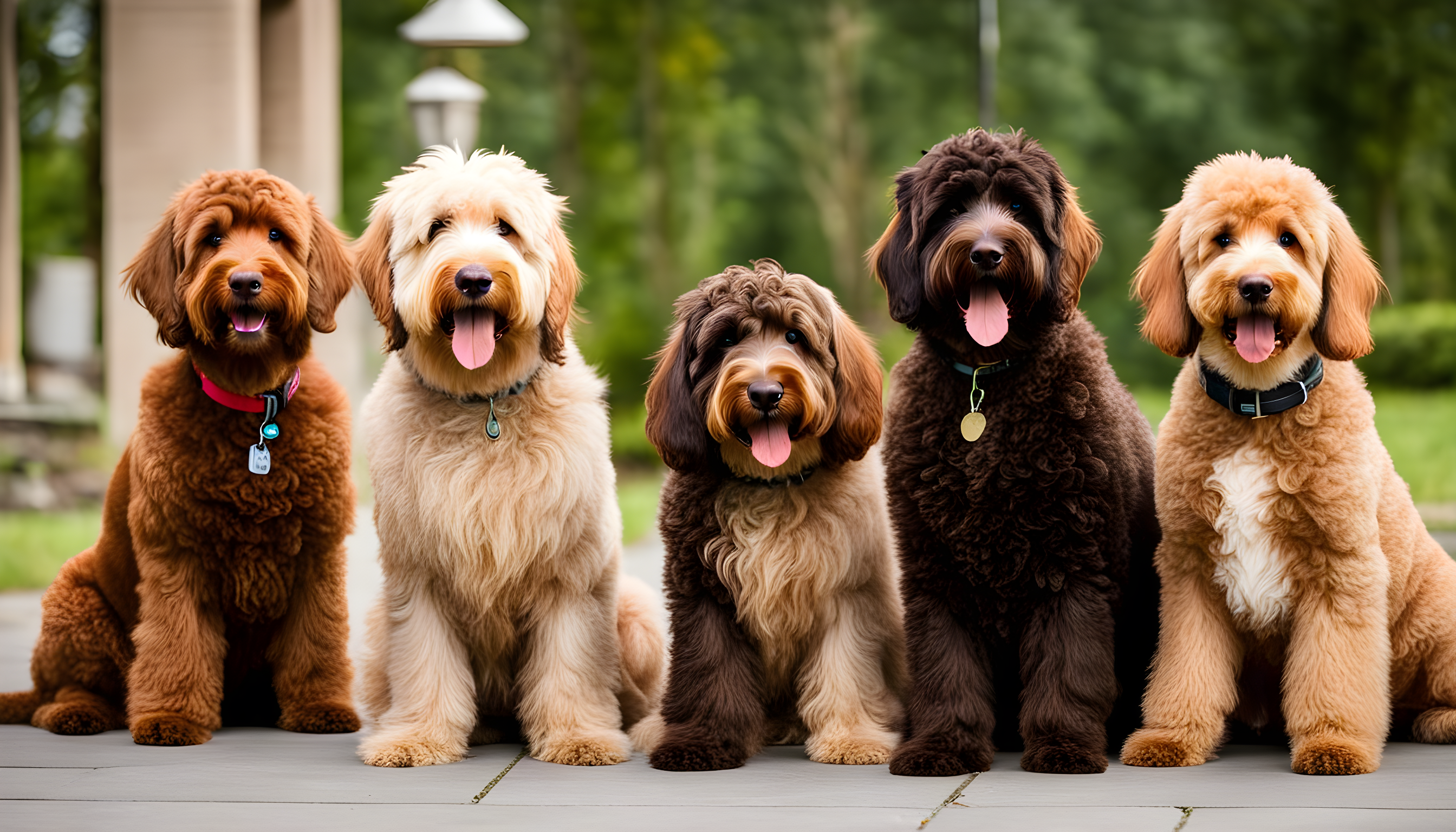 A group of Labradoodles showcasing different coat types and sizes