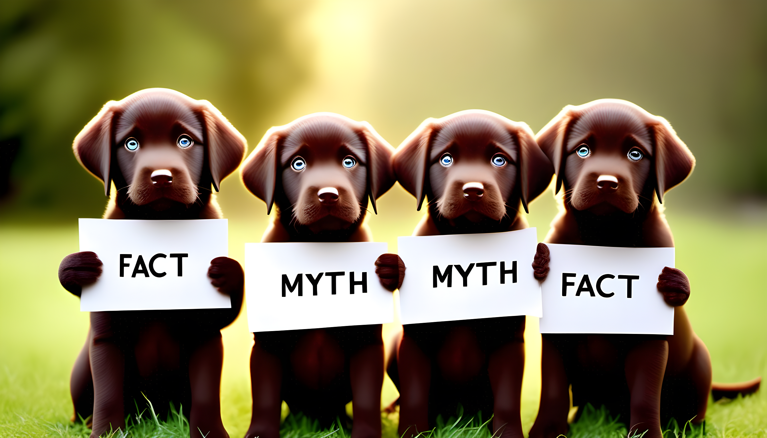 A group of adorable chocolate lab puppies holding signs that say 'Myth' and 'Fact,' ready to debunk common misconceptions about their breed