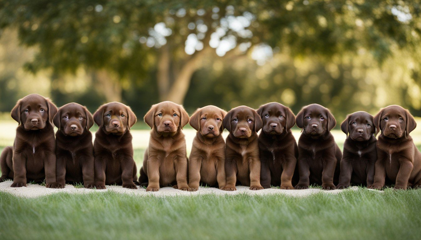 A group of Chocolate Lab Puppies showcasing various shades of brown, from light cocoa to deep espresso.