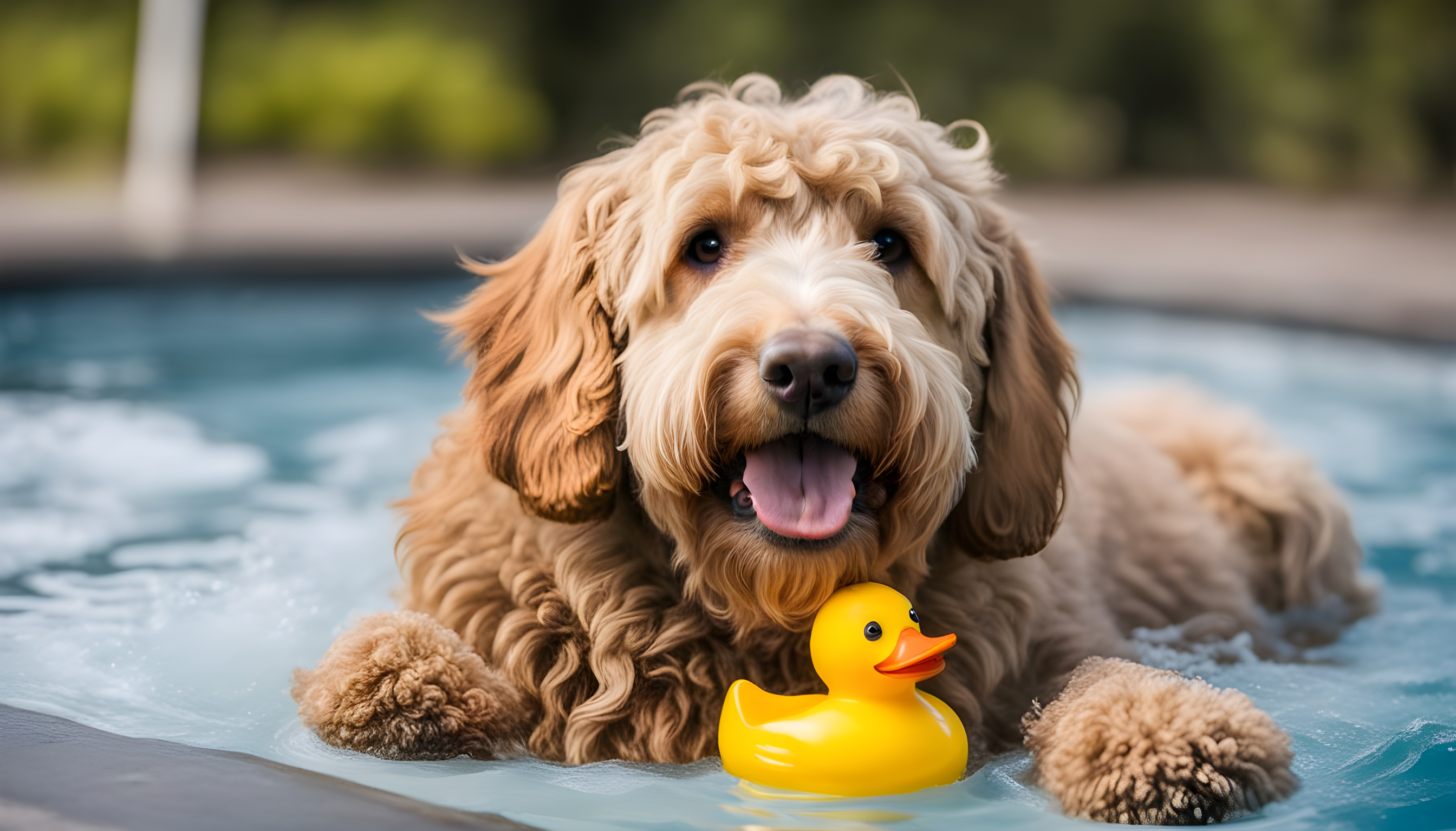 A happy Labradoodle getting the full spa treatment from its owner, complete with a rubber duckie