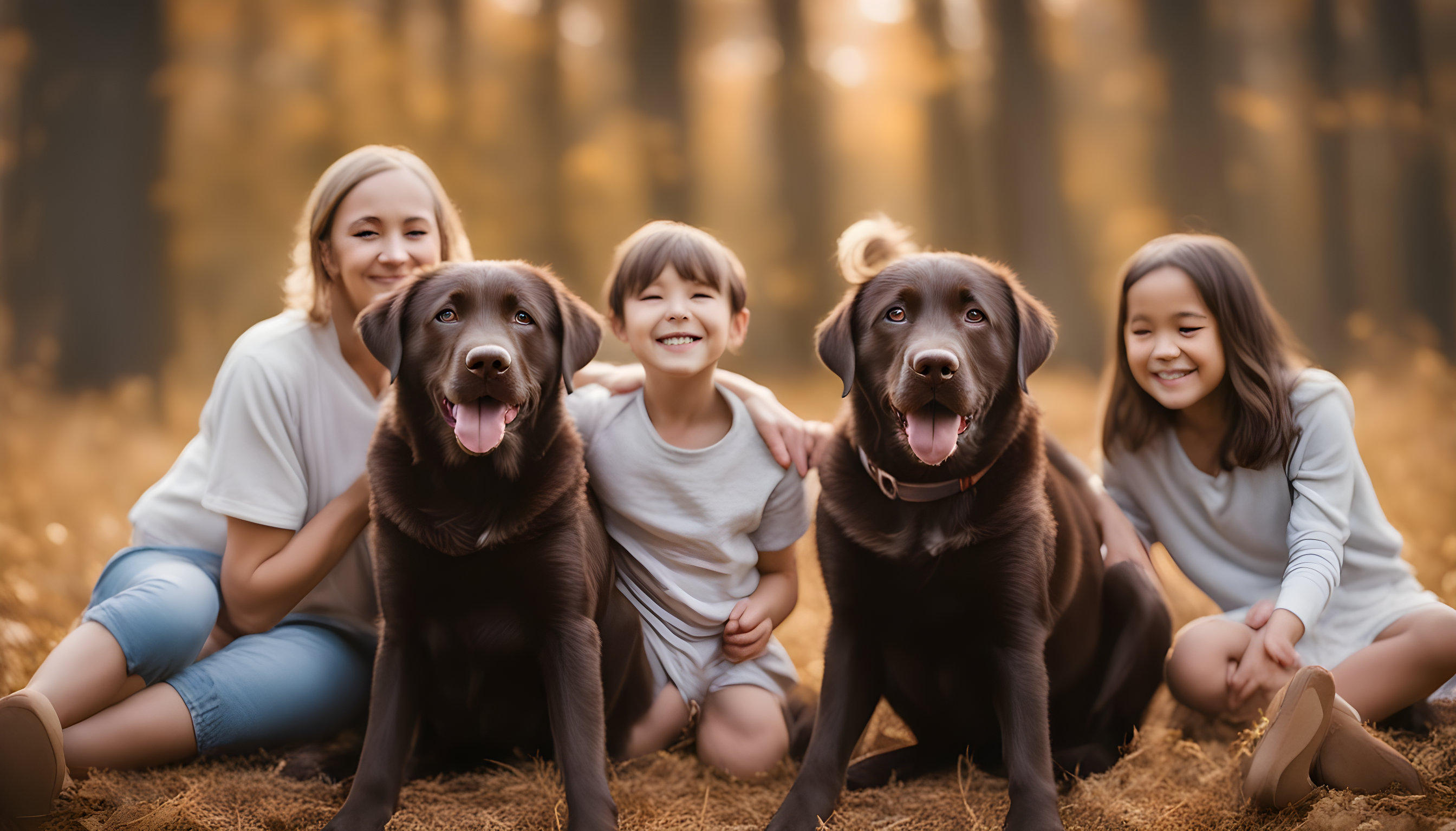 A heartwarming family photo, featuring a chocolate lab in the center, beaming with joy and surrounded by love, showcasing the deep bond that lasts a lifetime.