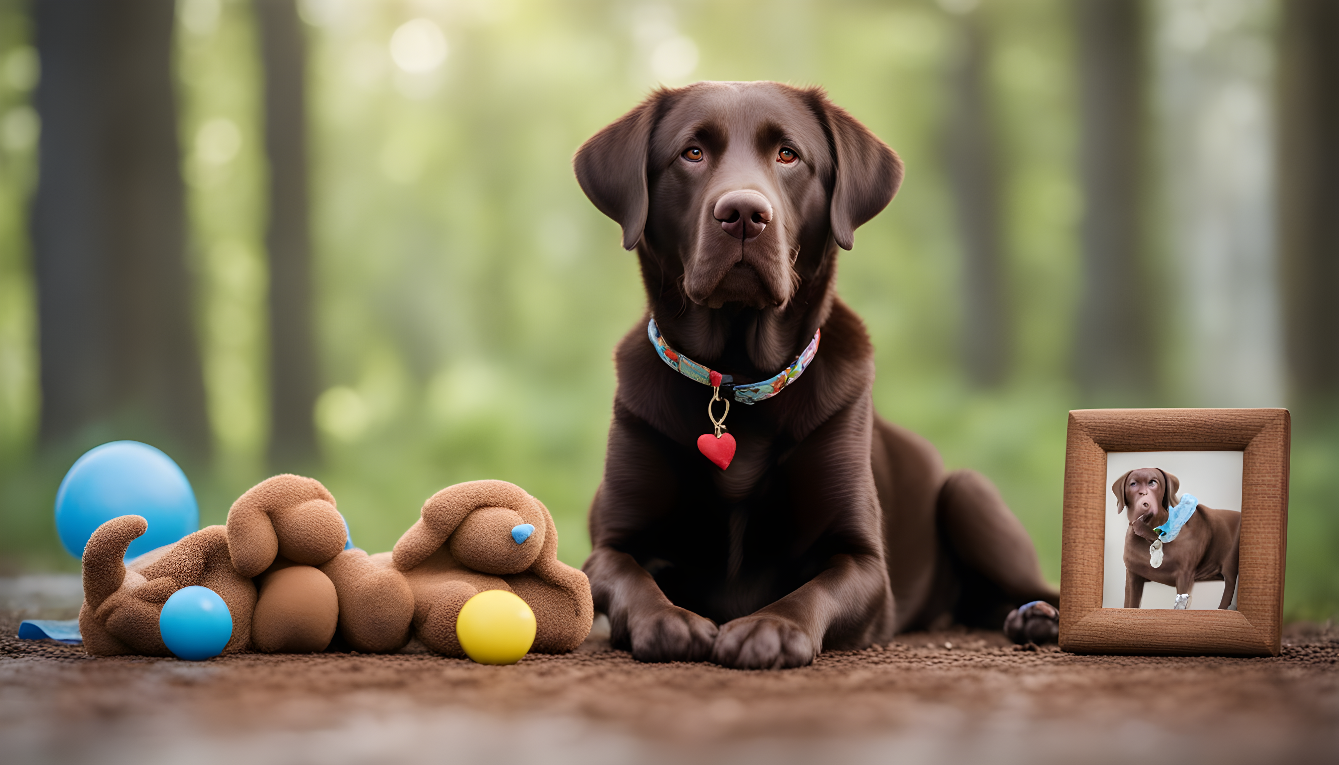 A heartwarming memorial set-up for a chocolate lab, complete with their favorite chew toys, a collar, and pictures capturing happy moments.