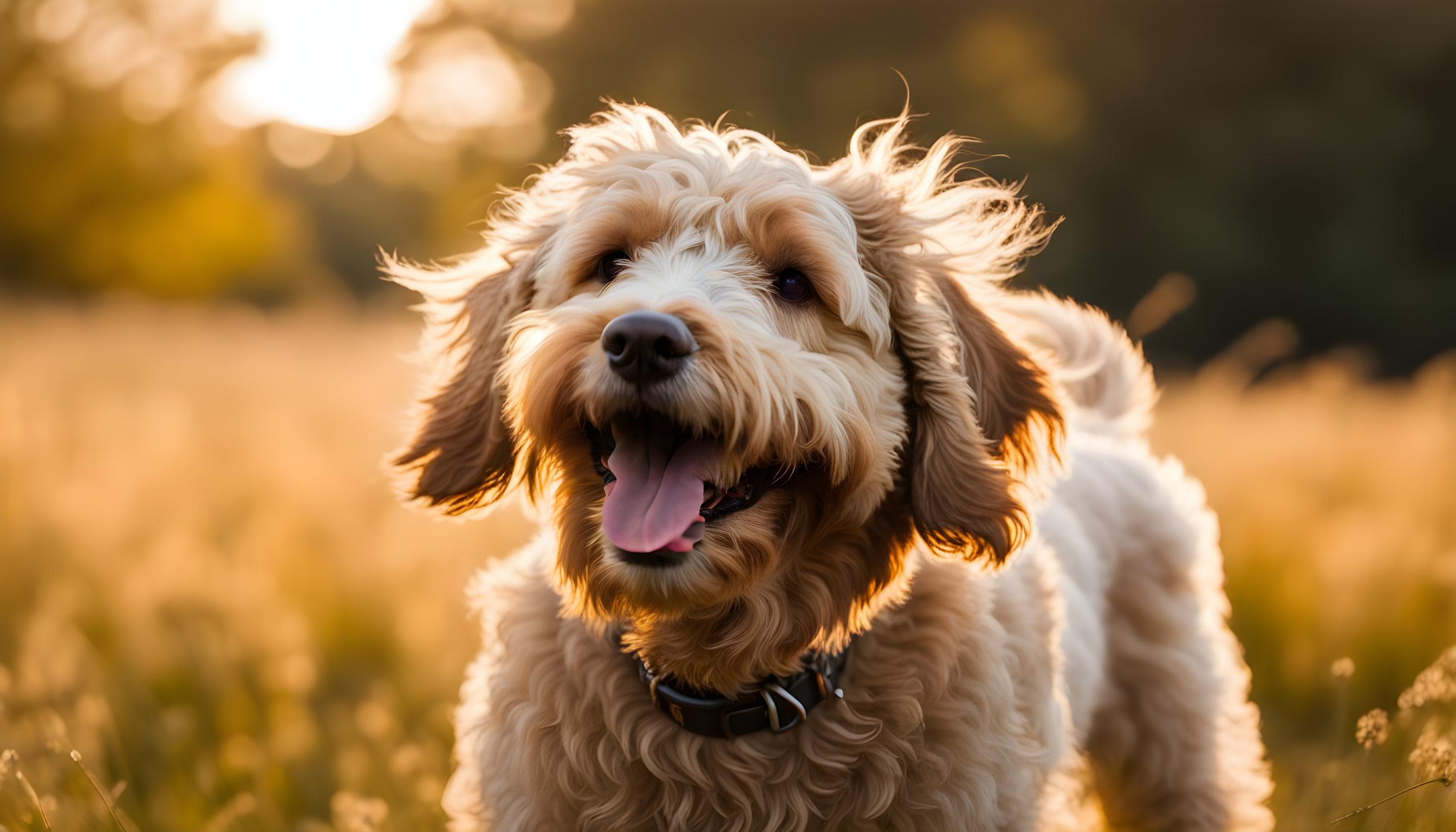 A joyful Labradoodle frolicking in a field, radiating happiness and well-being.