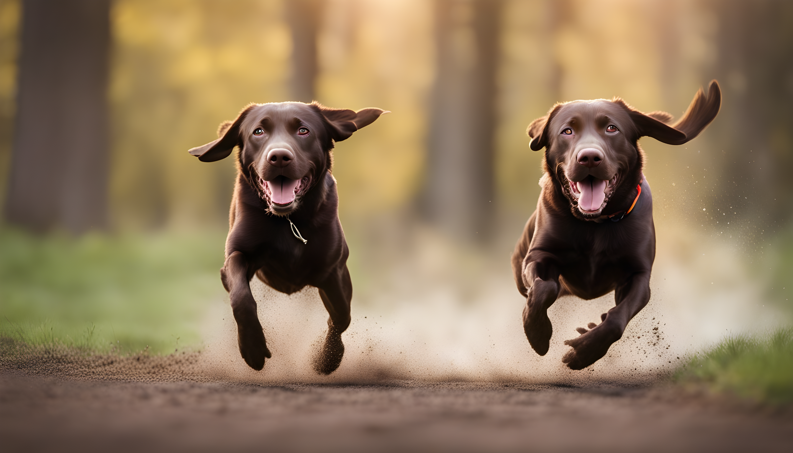 A joyful chocolate lab leaping through the air, frisbee in mouth, epitomizing the active lifestyle these dogs adore