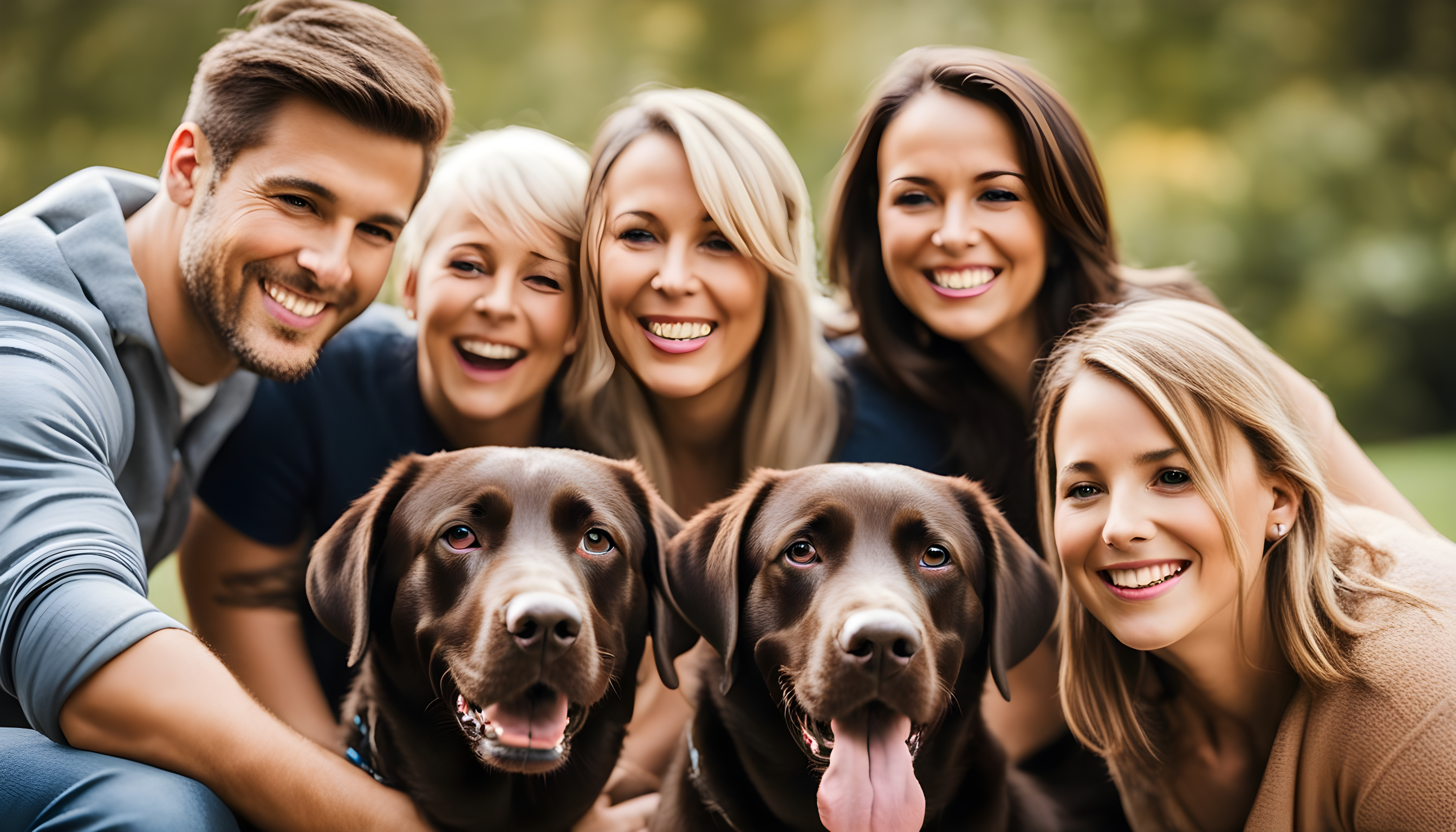 A joyful family taking a selfie with their newly adopted English Chocolate Lab, showcasing the happiness that rescue dogs bring