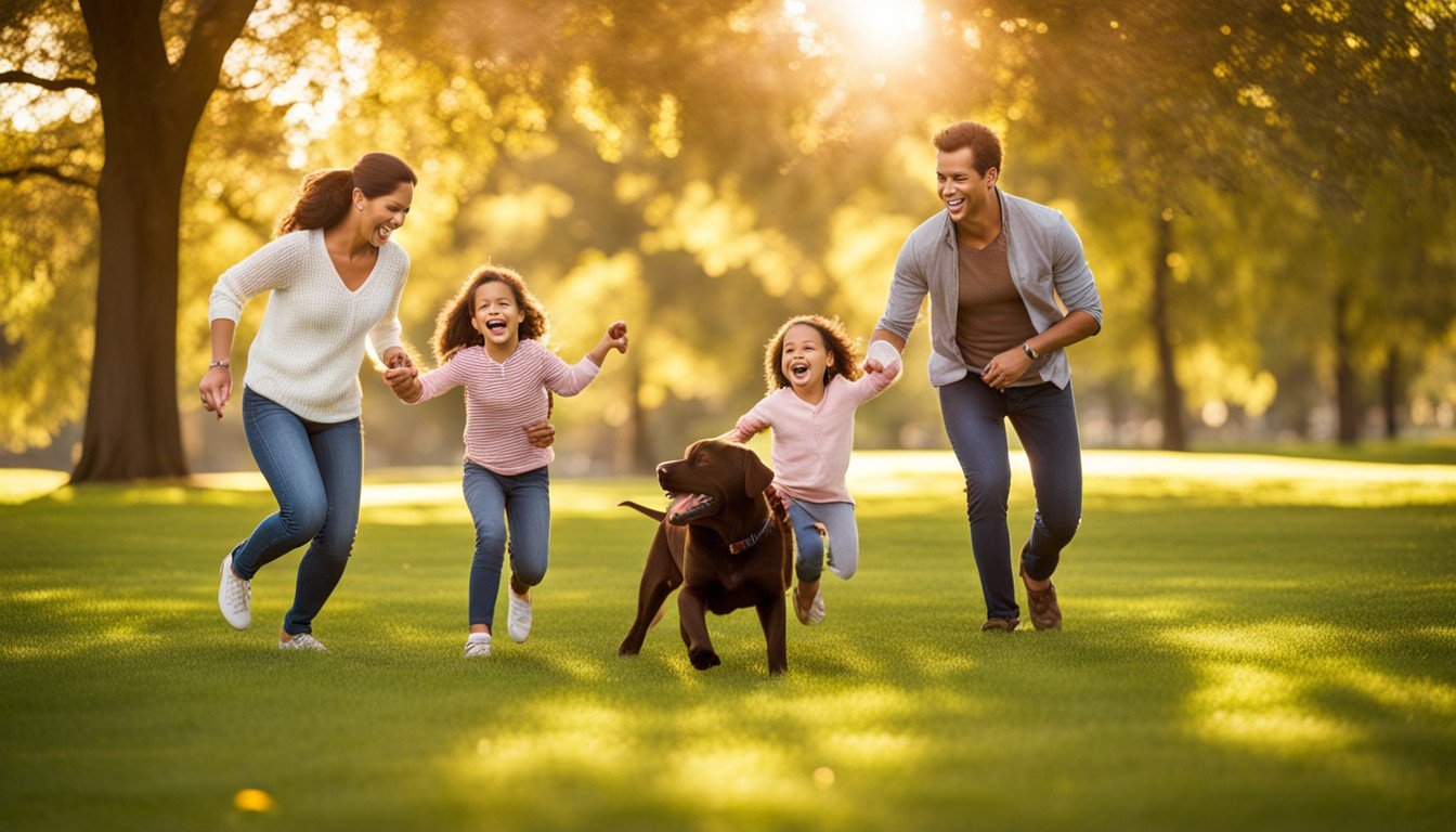 Chocolate Lab Puppies playing fetch with their jubilant family in an open park under the afternoon sun.