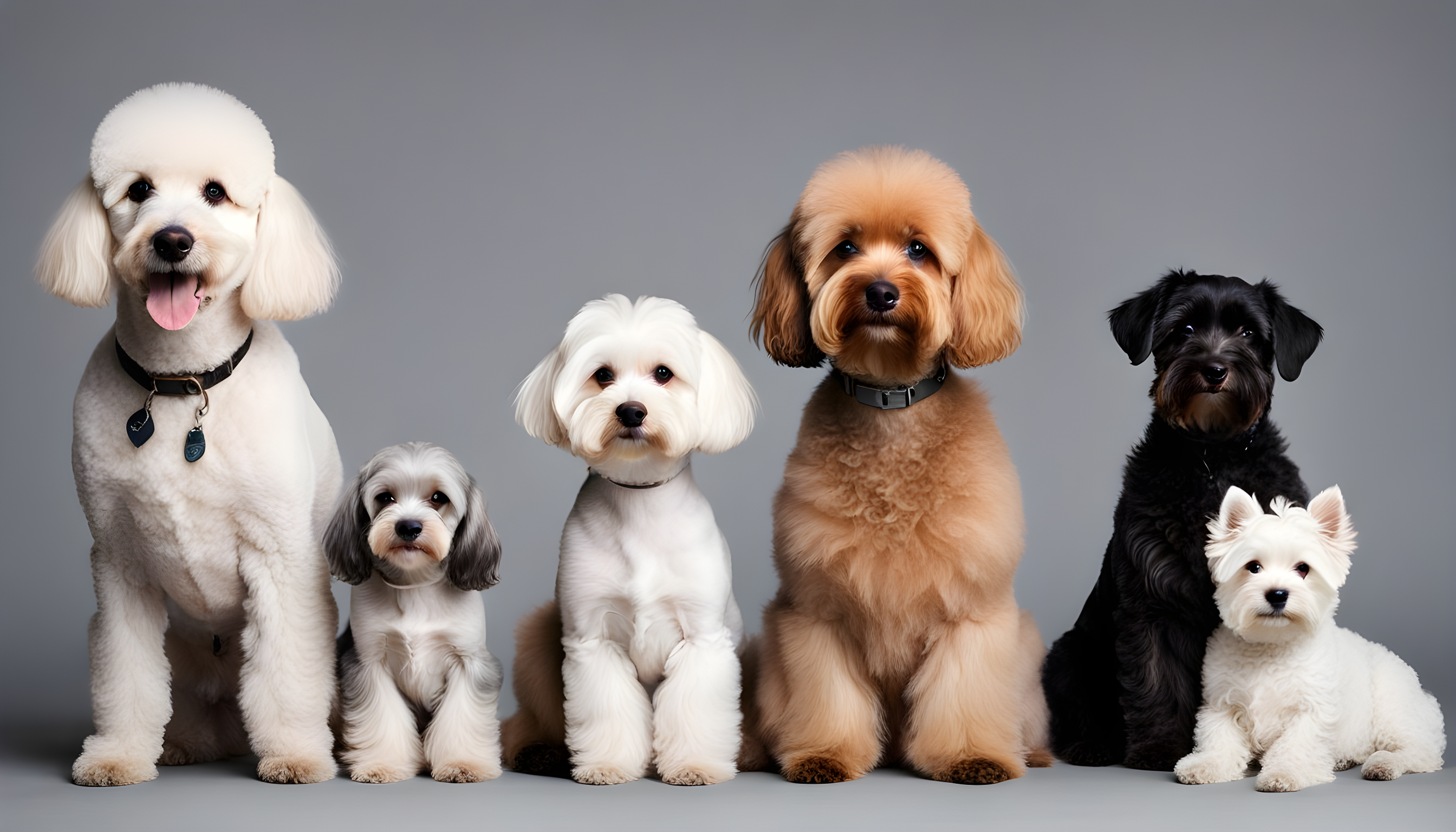 A line-up of different hypoallergenic dog breeds, including a Poodle, Schnauzer, and Bichon Frise, each looking adorable in their own right.