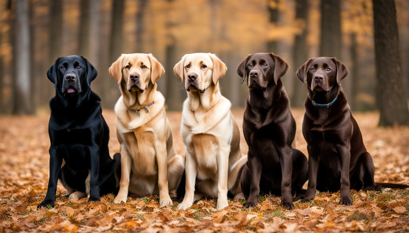 A lineup of Labrador Retrievers showing off their unique coat colors, from black to chocolate.