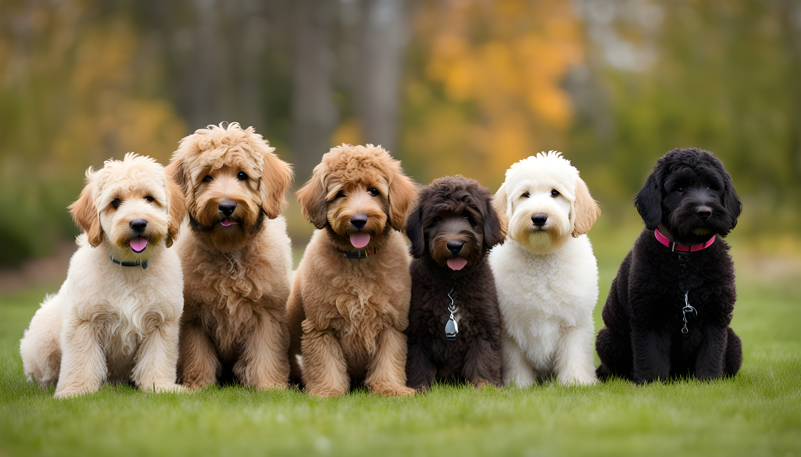 A lineup of Mini, Medium, and Standard Labradoodles with size labels.