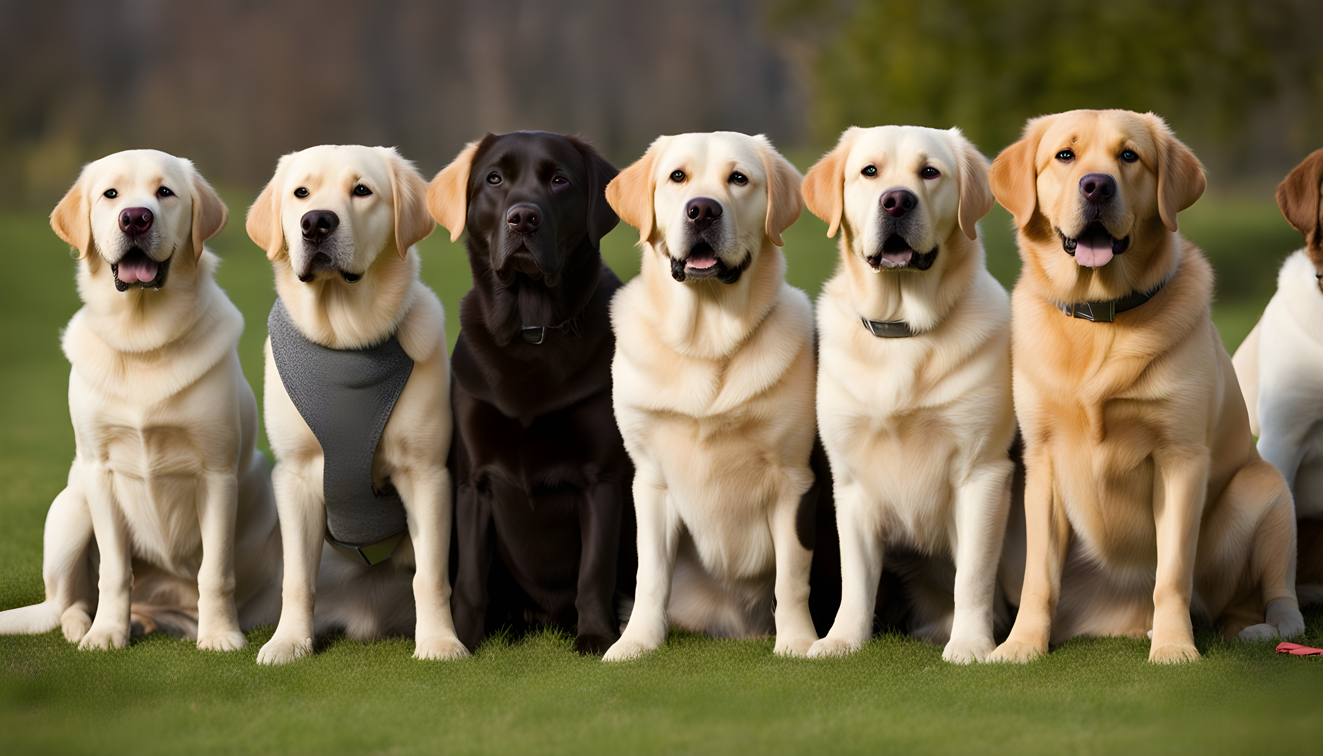 A lineup of healthy Labradors in various colors, emphasizing that good health isn't tied to any particular coat color.