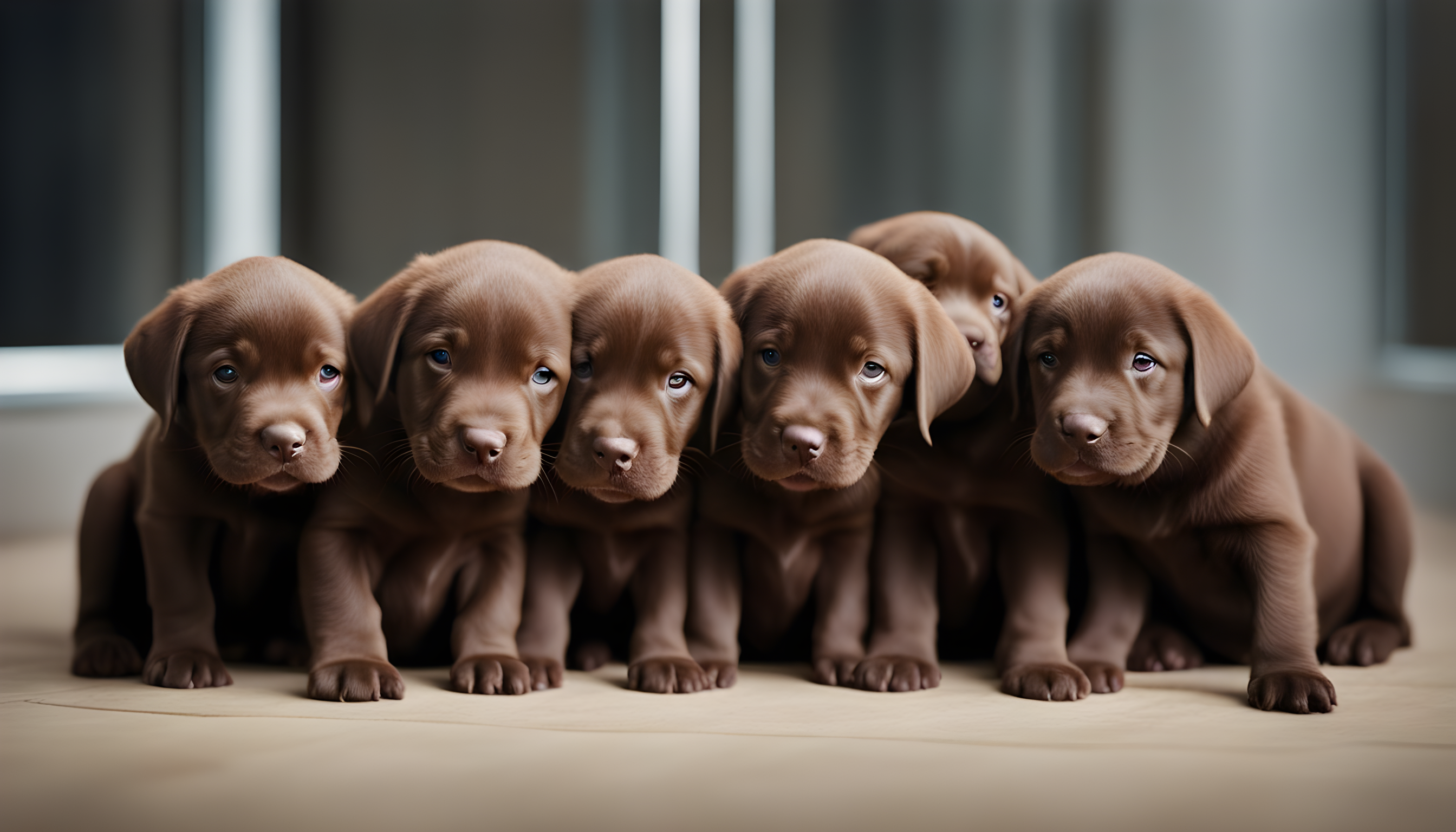A litter of chocolate lab puppies happily playing in a clean, spacious environment, showcasing ethical breeding practices