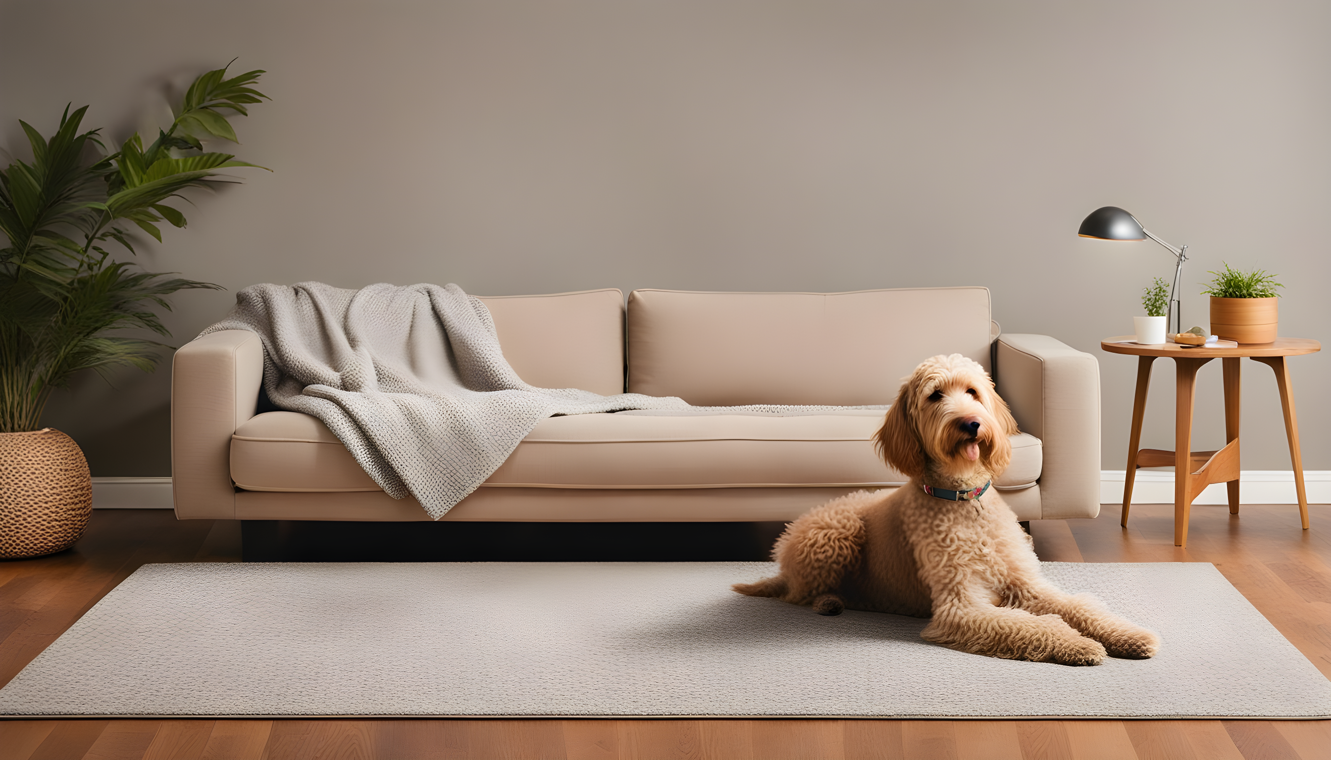 A living room setting showing a Labradoodle sitting on a blanket-covered couch, with a visible air purifier and hardwood flooring.