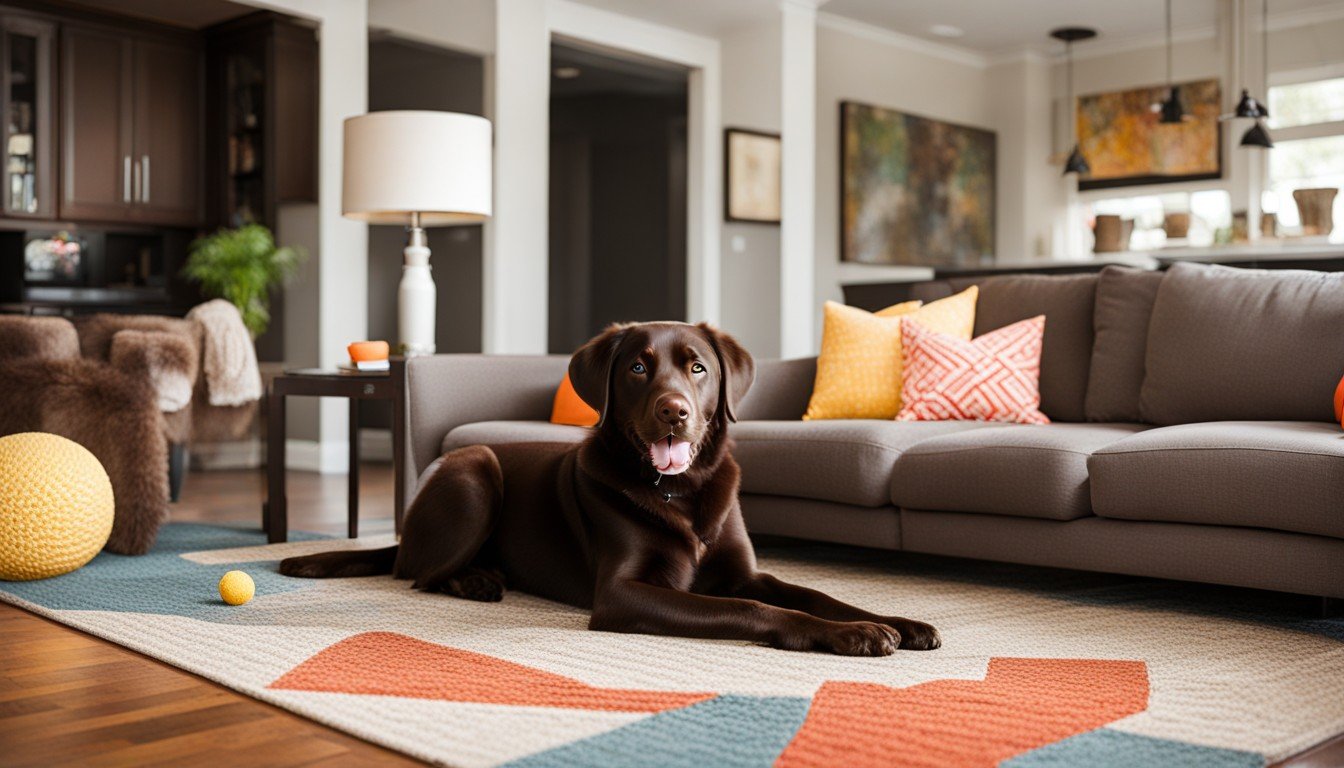 A living room transformed into a Chocolate Lab haven with chew toys, a cozy dog bed, and a puppy-proofed play area.