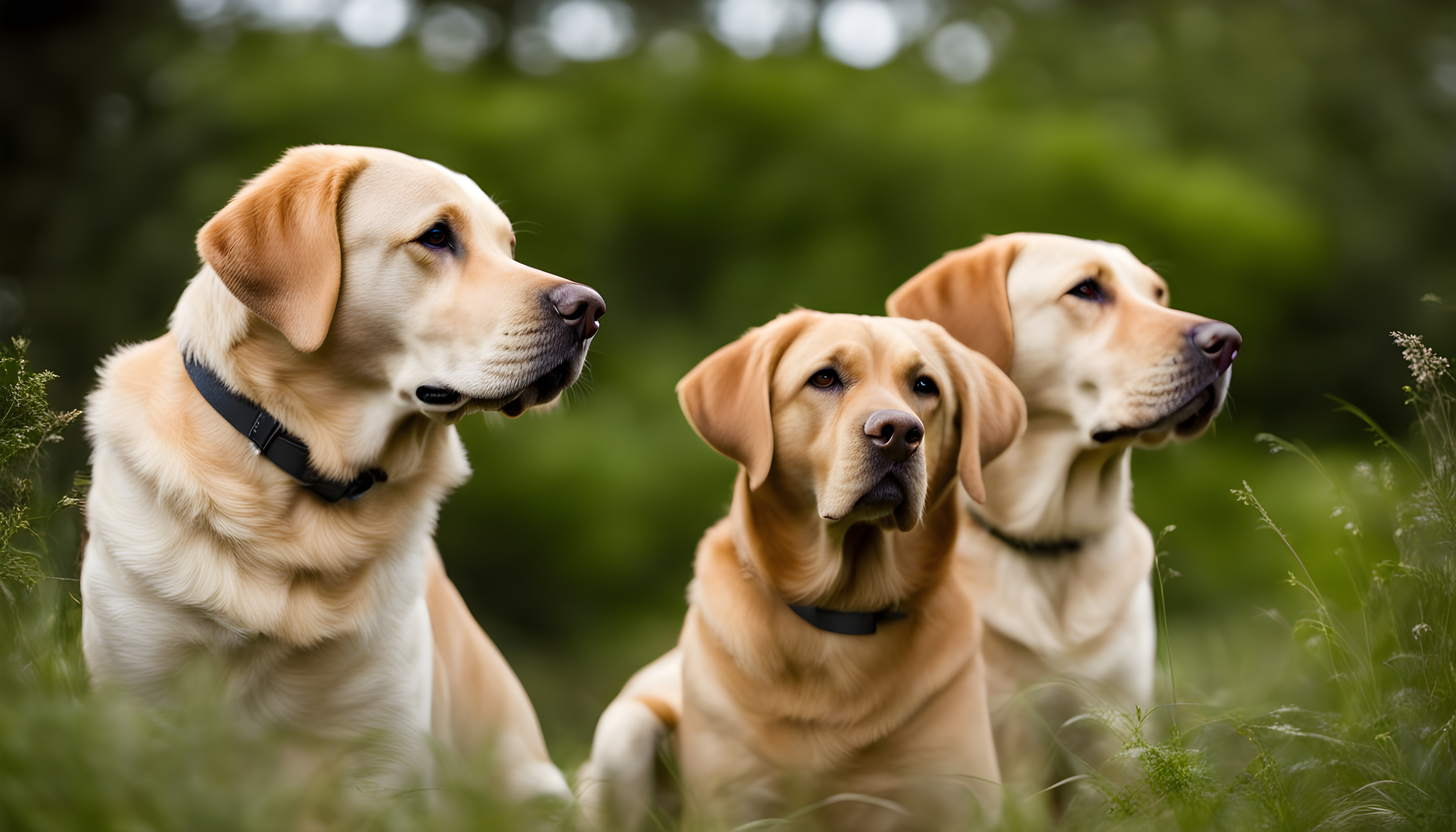 A male and female British Lab locked in a staring contest, each vying for your attention.