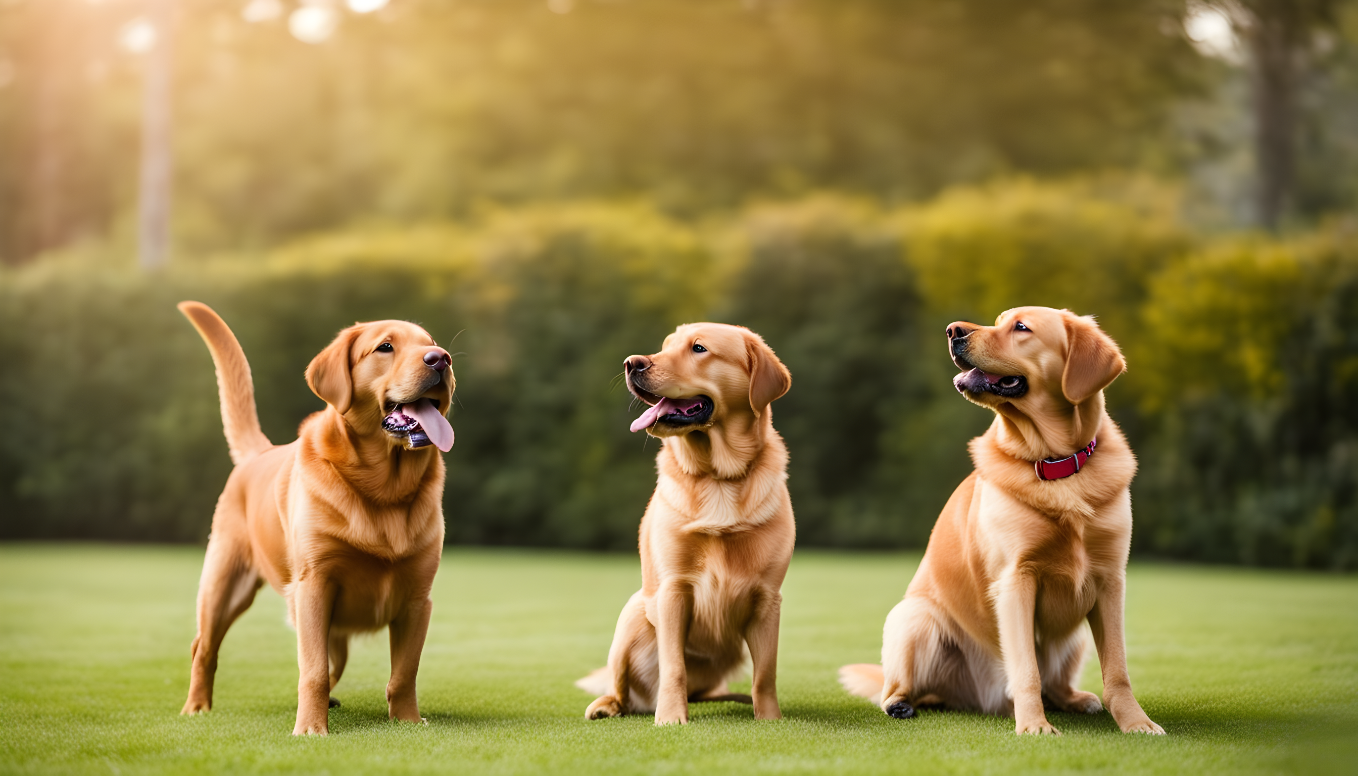 A male and female Red Labrador dog playfully facing off, like they're in a friendly competition to see who's the cutest. Spoiler: It's a tie!