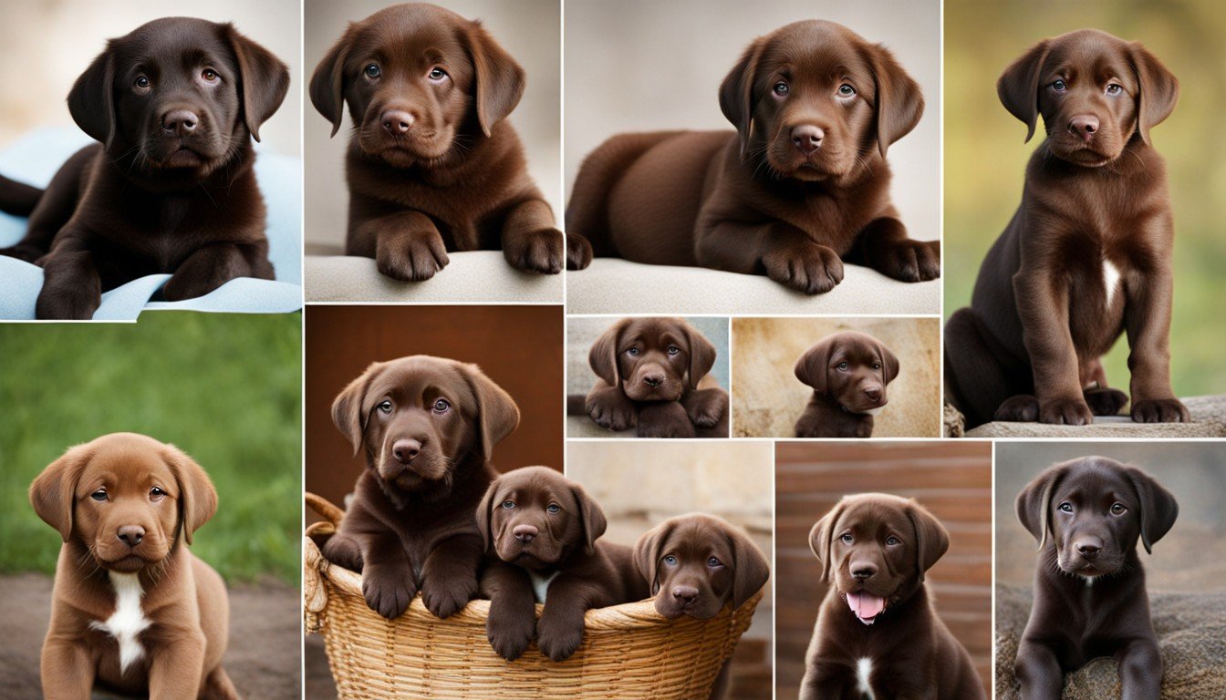 A photo collage featuring Chocolate Lab Puppies from various countries, highlighting the breed's global appeal.