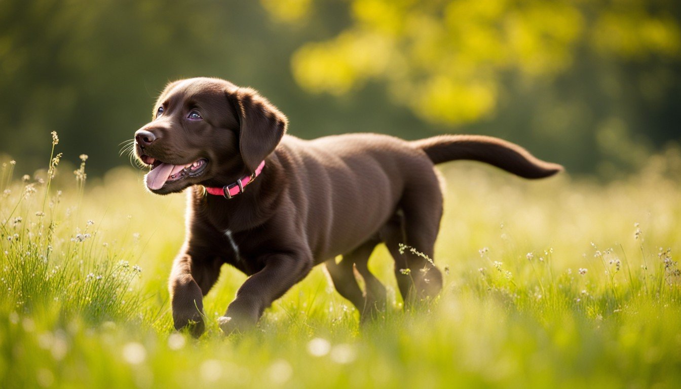 A playful blue-eyed Chocolate Lab puppy frolicking in a sunny meadow.