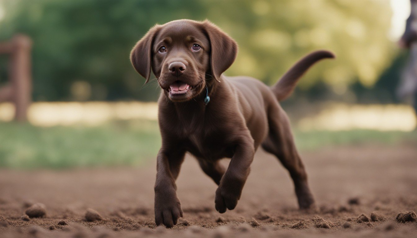 A playful Chocolate Lab puppy romping around a dog park, making friends and learning the ropes of social interaction.