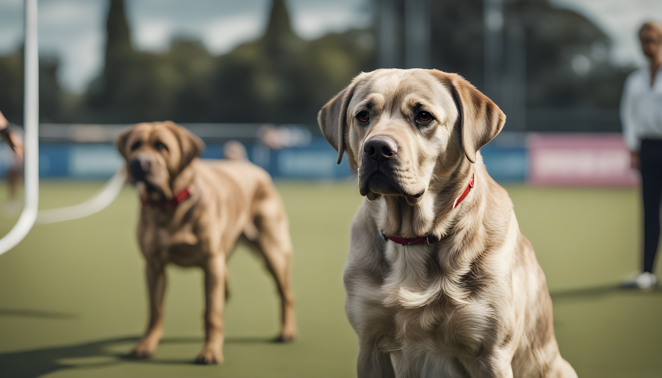 A poised Brindle Labrador standing proudly in a dog show ring, looking every bit the showstopper but raising eyebrows due to its unique coloration.