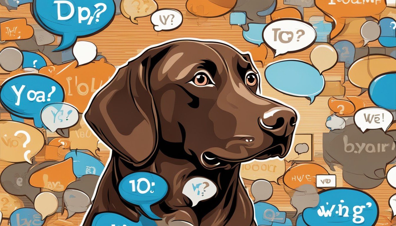 A puzzled Chocolate Lab with blue eyes, surrounded by comic-style thought bubbles filled with popular questions folks have about eye color.