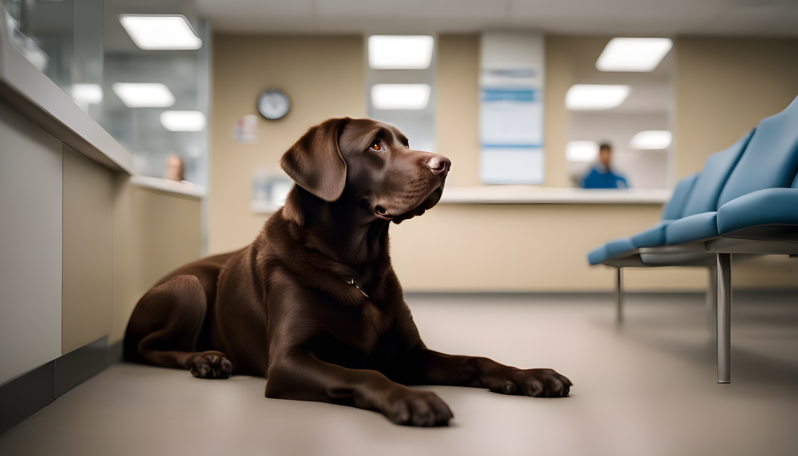 A relaxed chocolate lab sitting patiently in a vet's waiting room, signaling the importance of regular veterinary care