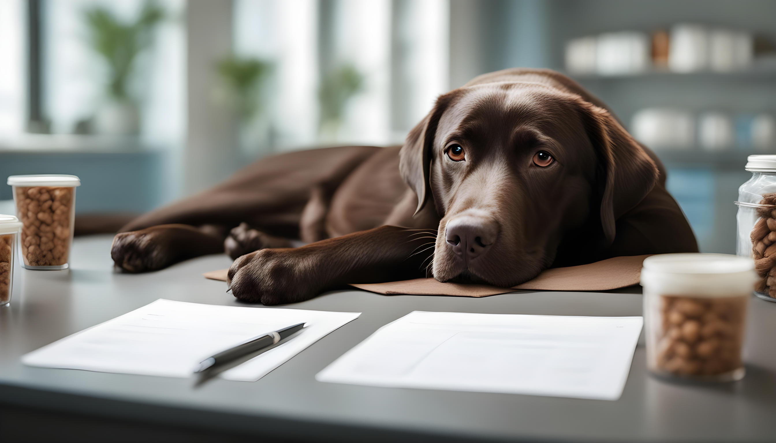 A relaxed Chocolate Lab sprawled on a vet's table, illustrating that regular vet visits are just one part of a comprehensive health plan.