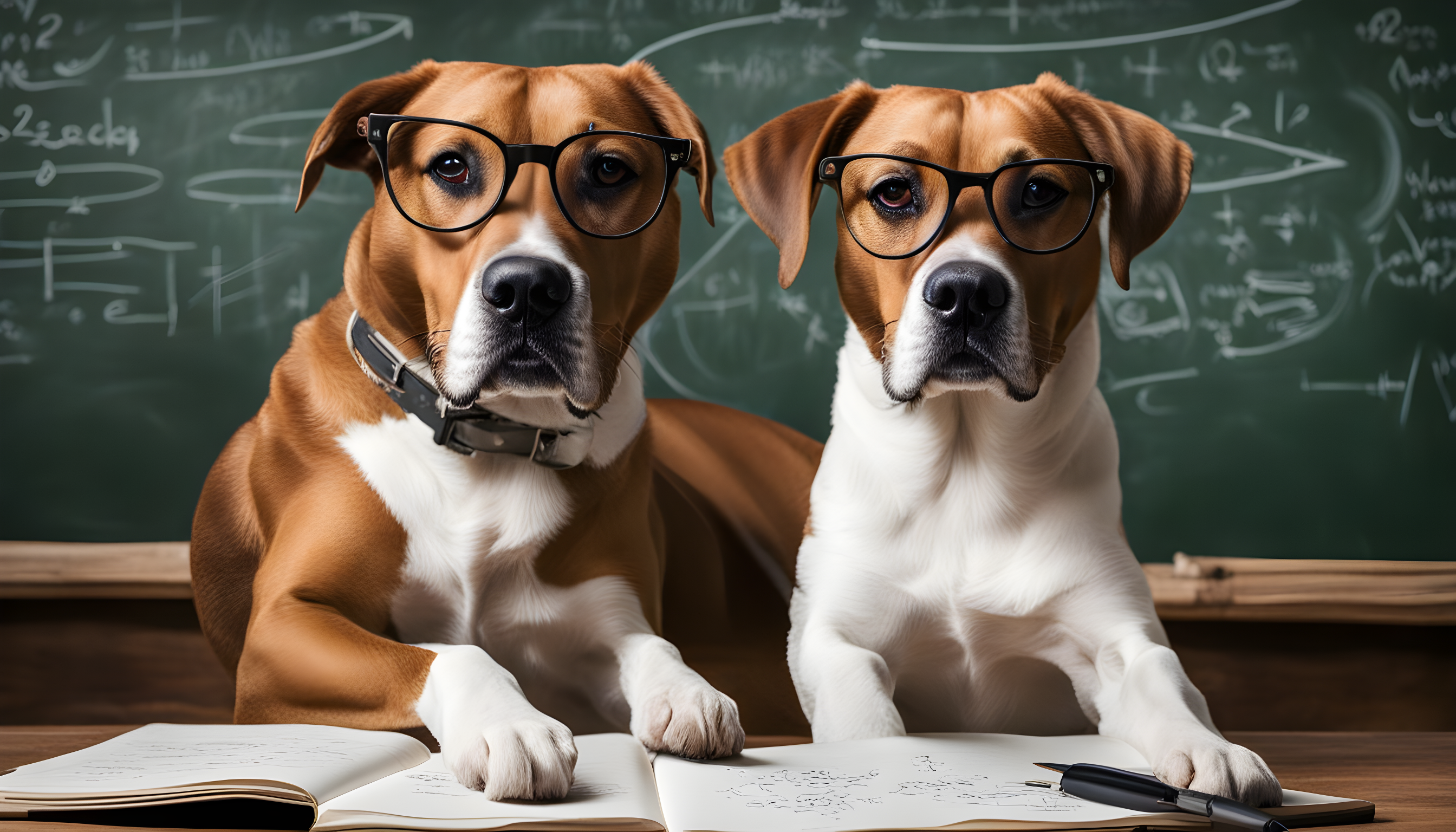 A smart-looking Boxador (Boxer Lab Mix) sporting reading glasses, sitting next to a chalkboard filled with canine-related scientific equations and doodles.